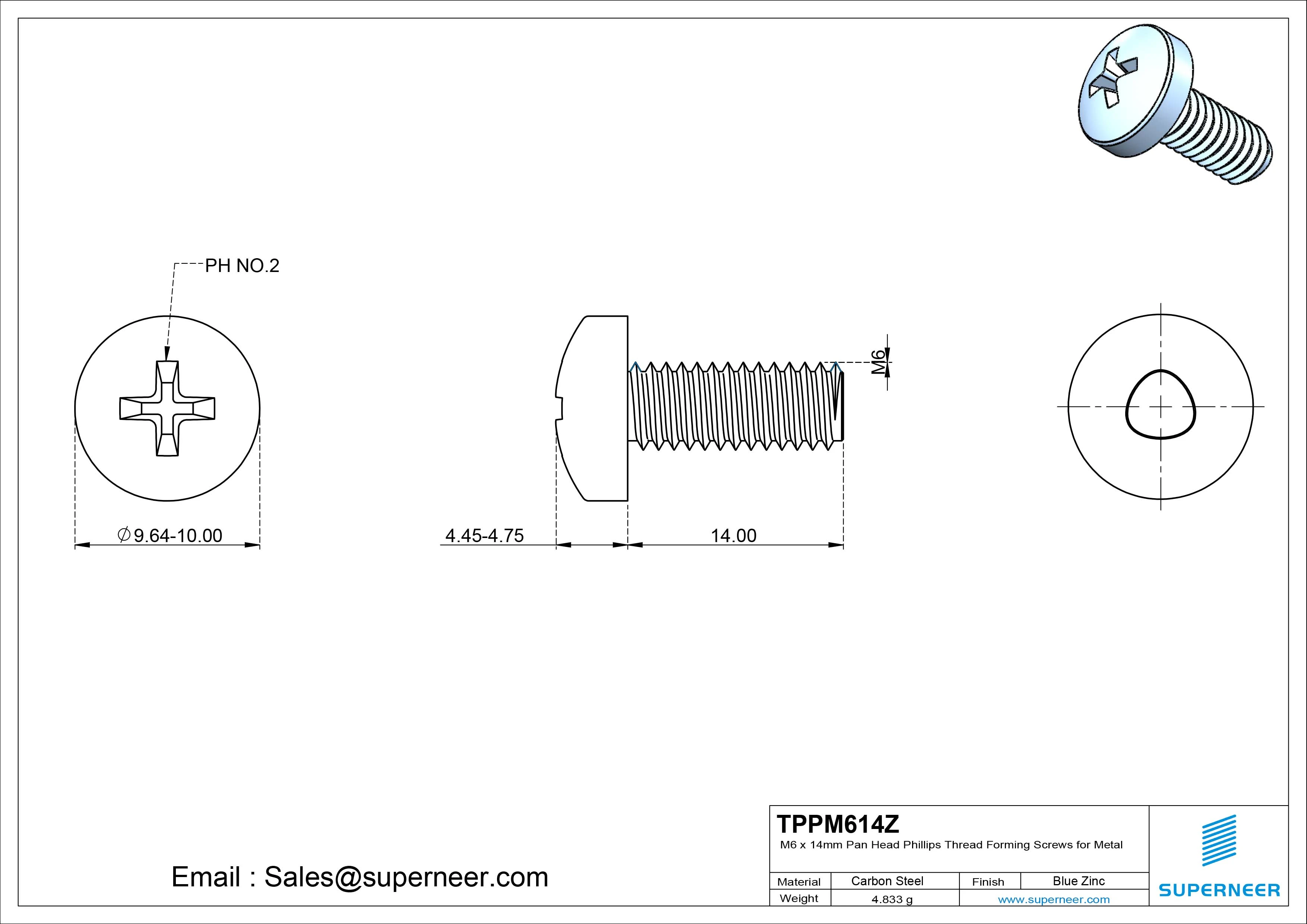 M6 × 14mm Pan Head Phillips Thread Forming Screws for Metal Steel Blue Zinc Plated