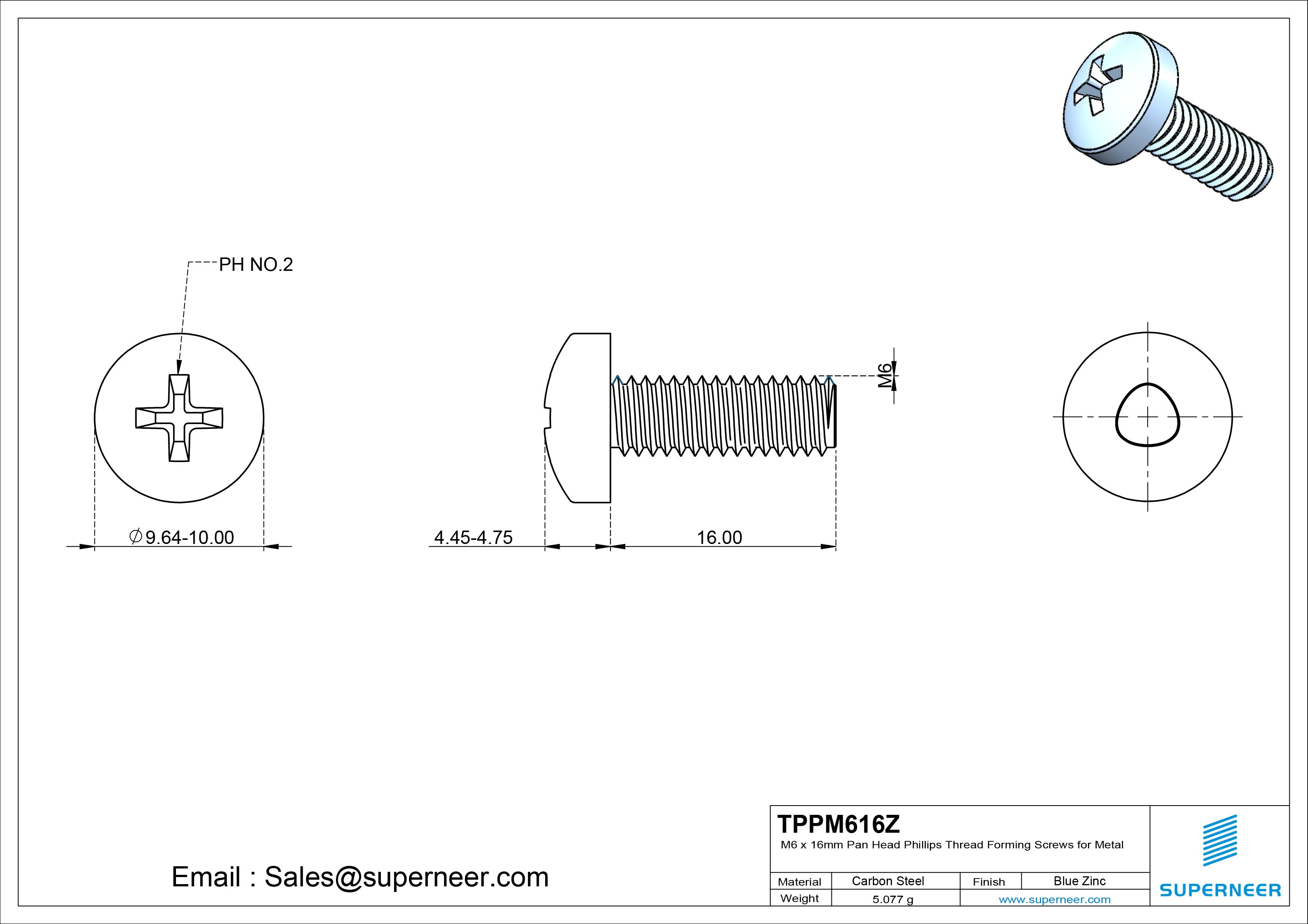 M6 × 16mm Pan Head Phillips Thread Forming Screws for Metal Steel Blue Zinc Plated