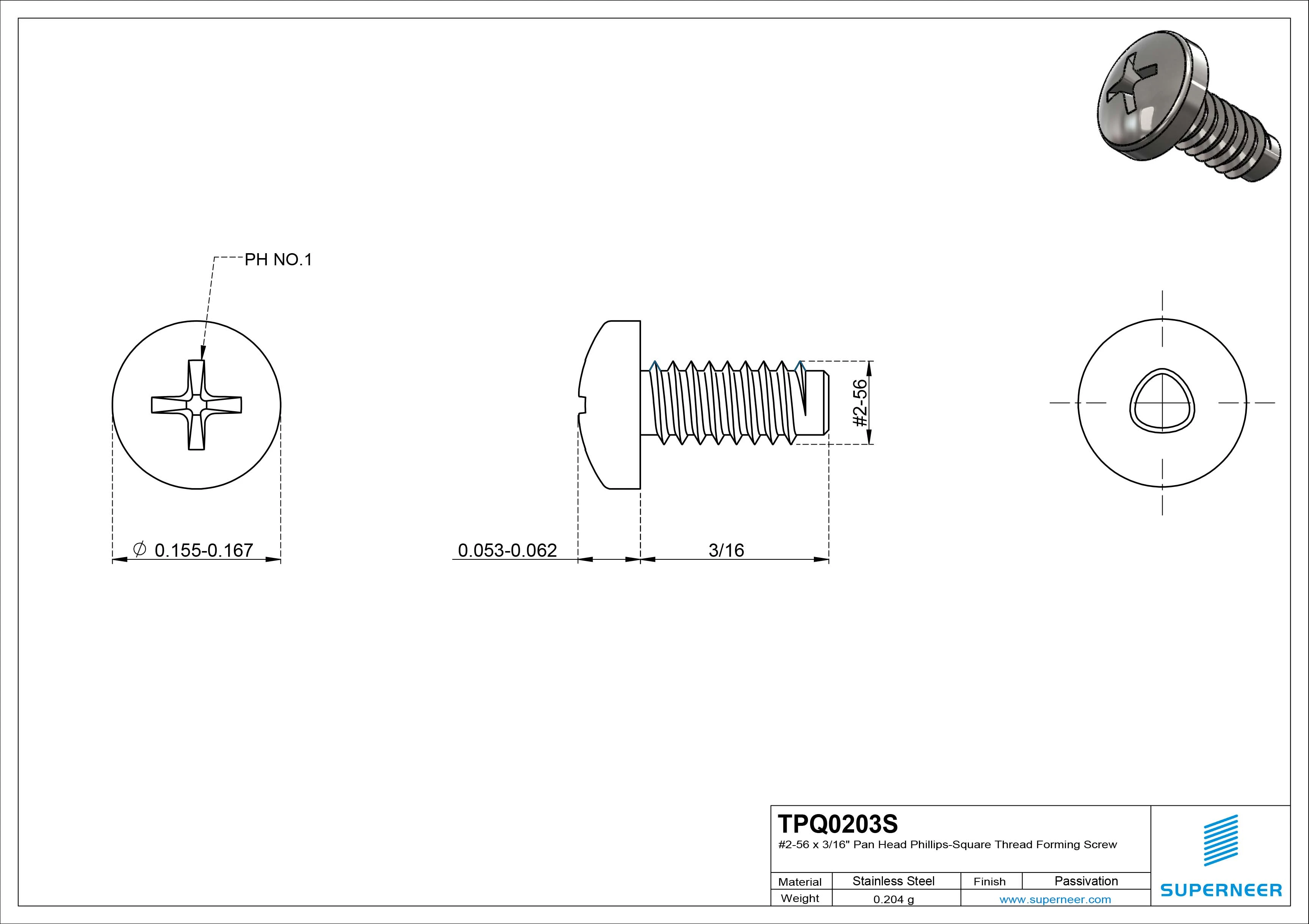 2-56 × 3/16 Pan Head Phillips Square Thread Forming  Screws for Metal  SUS304 Stainless Steel Inox