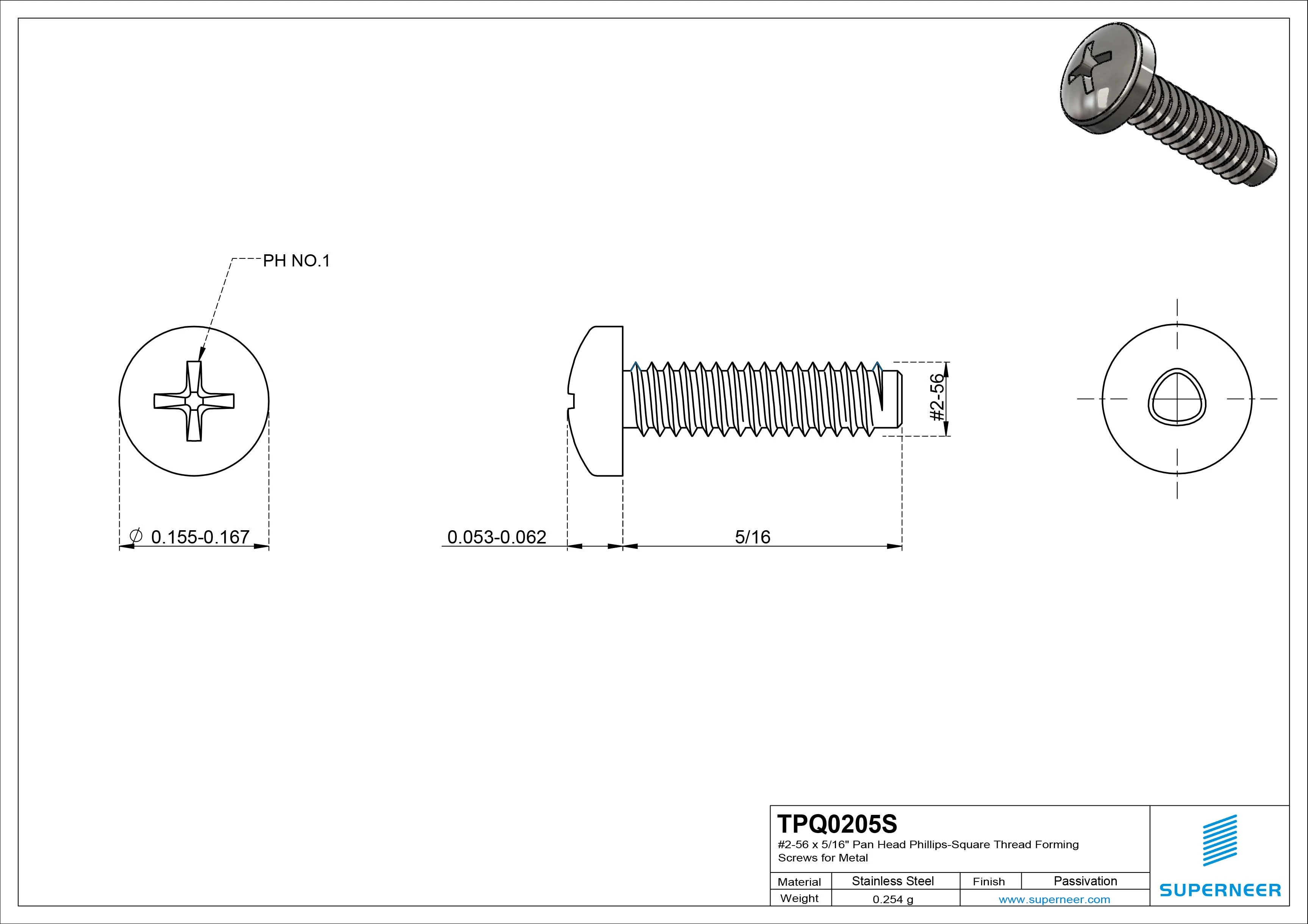 2-56 × 5/16 Pan Head Phillips Square Thread Forming  Screws for Metal  SUS304 Stainless Steel Inox