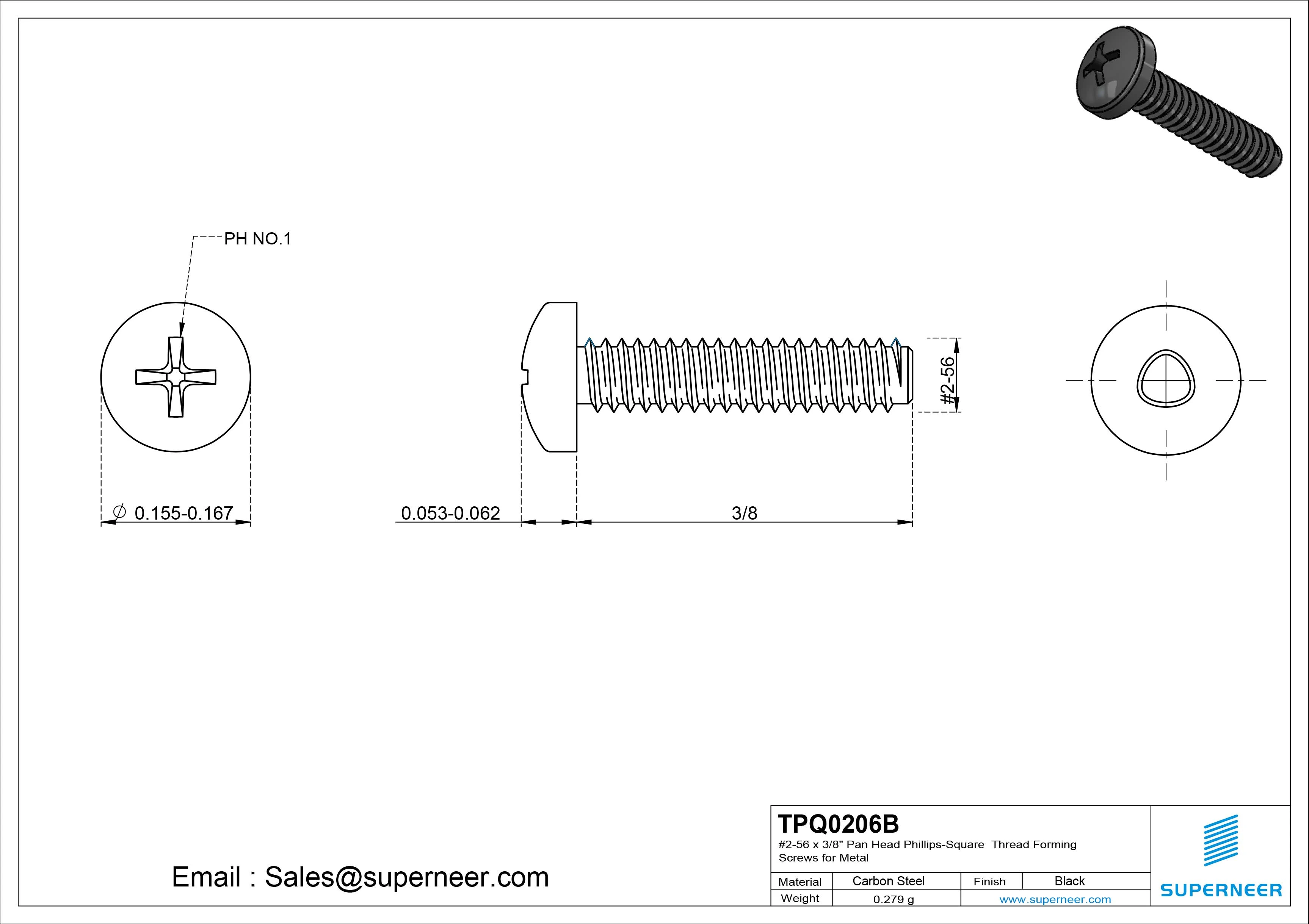 2-56 × 3/8 Pan Head Phillips Square Thread Forming  Screws for Metal  Steel Black