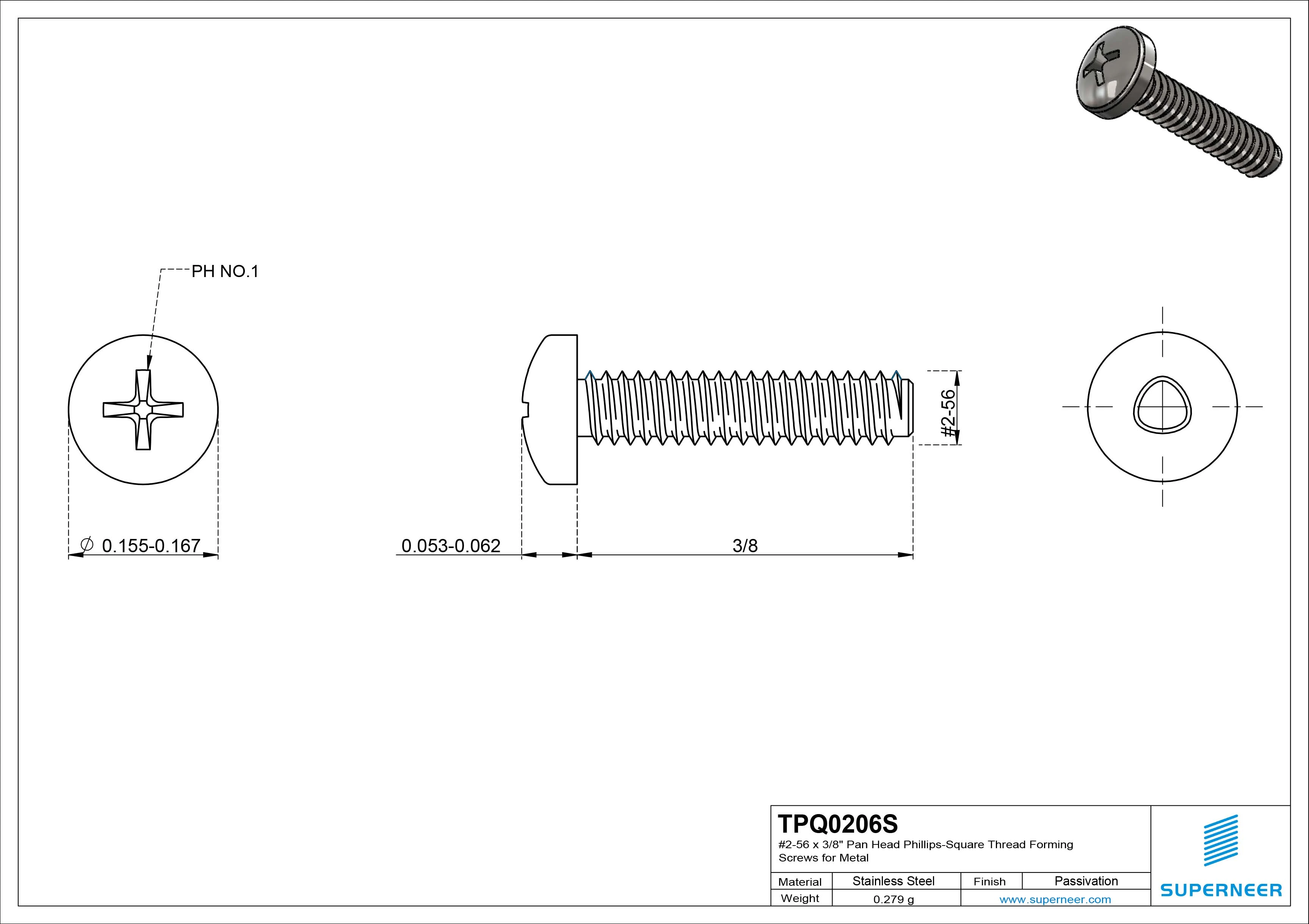 2-56 × 3/8 Pan Head Phillips Square Thread Forming  Screws for Metal  SUS304 Stainless Steel Inox