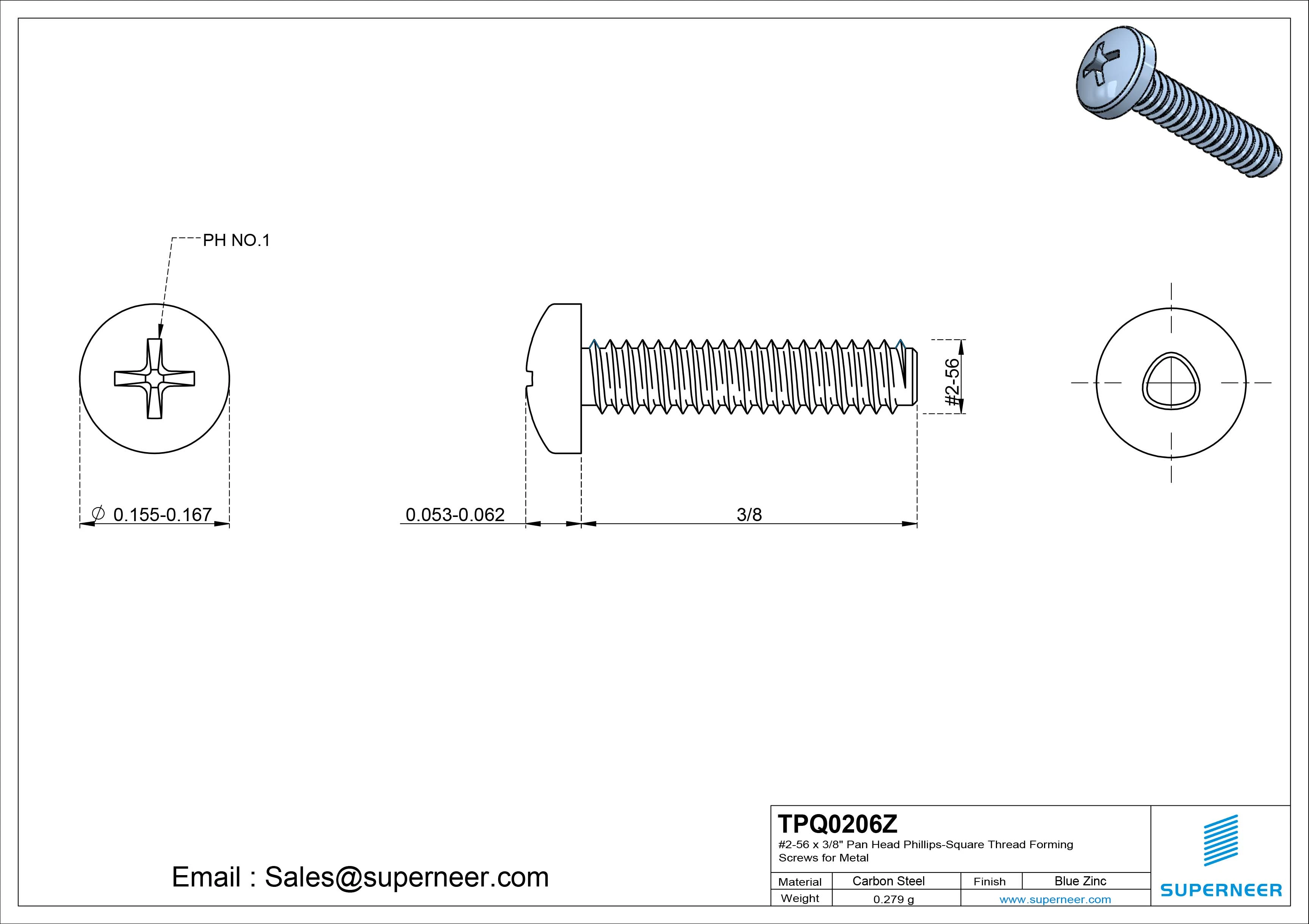 2-56 × 3/8 Pan Head Phillips Square Thread Forming  Screws for Metal  Steel Blue Zinc Plated