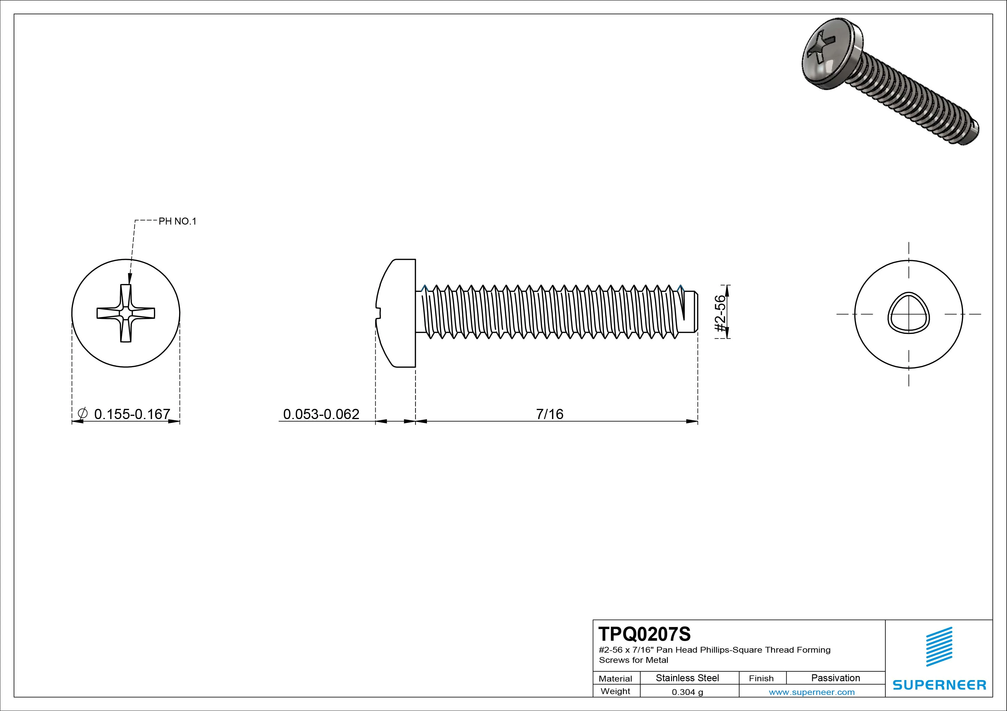 2-56 × 7/16 Pan Head Phillips Square Thread Forming  Screws for Metal  SUS304 Stainless Steel Inox