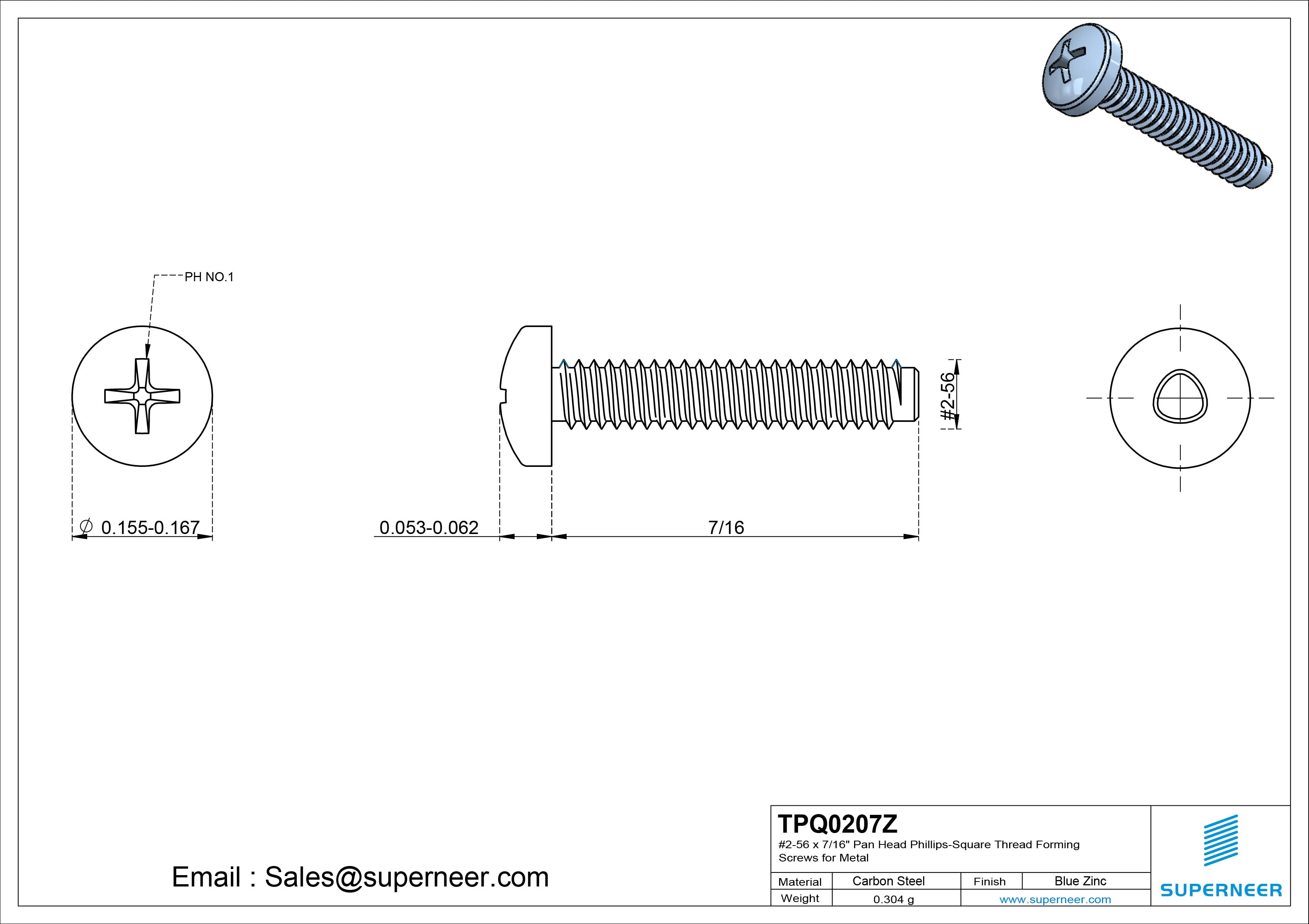 2-56 × 7/16 Pan Head Phillips Square Thread Forming  Screws for Metal  Steel Blue Zinc Plated