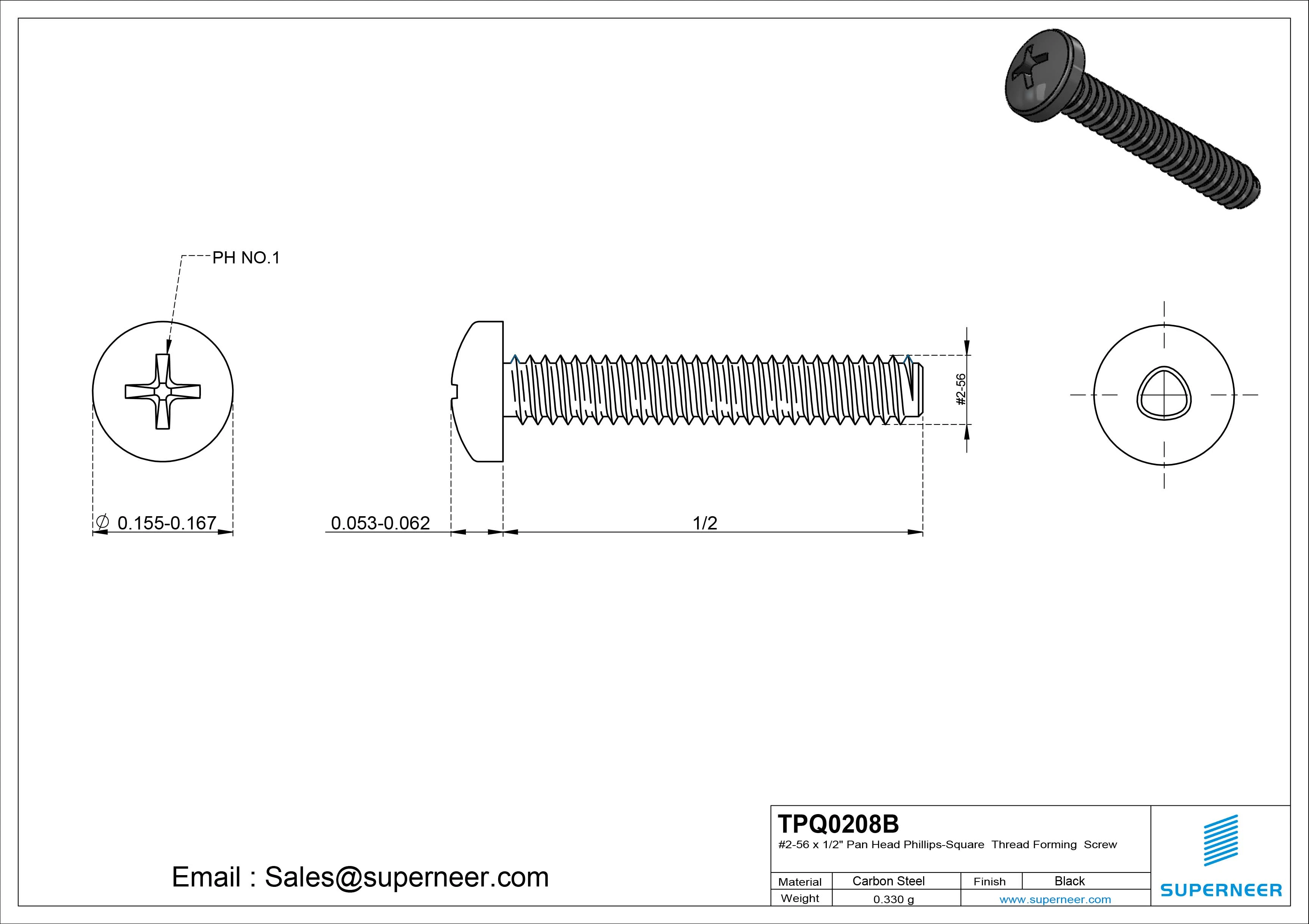 2-56 × 1/2 Pan Head Phillips Square Thread Forming  Screws for Metal  Steel Black