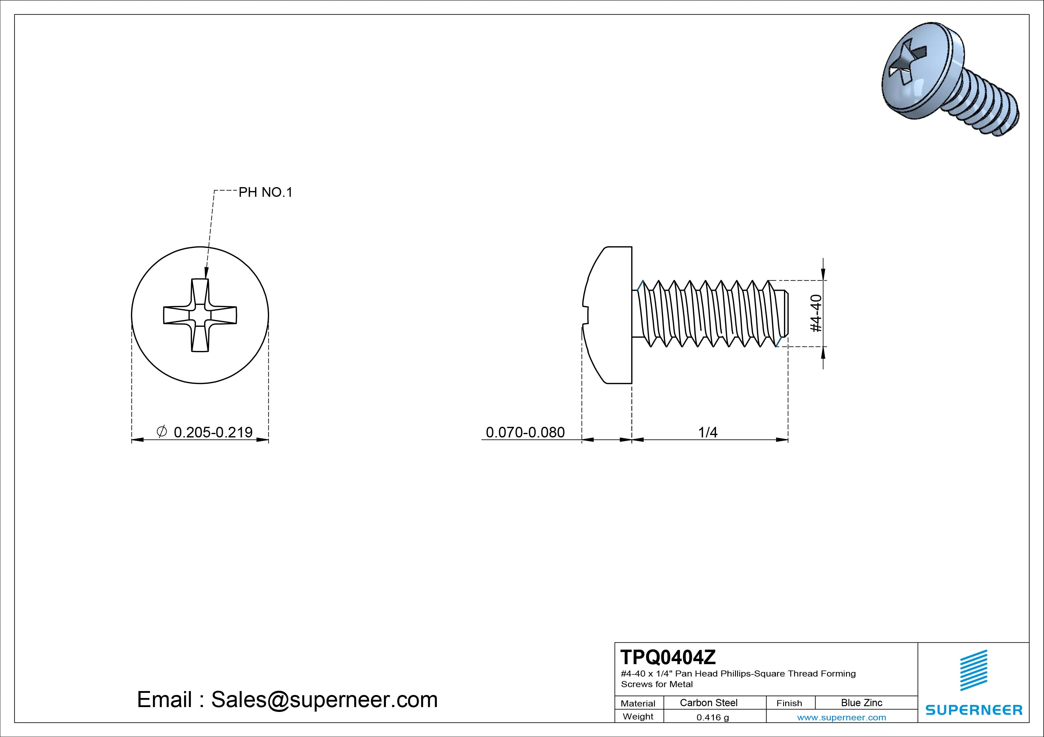 4-40 × 1/4 Pan Head Phillips Square Thread Forming  Screws for Metal  Steel Blue Zinc Plated