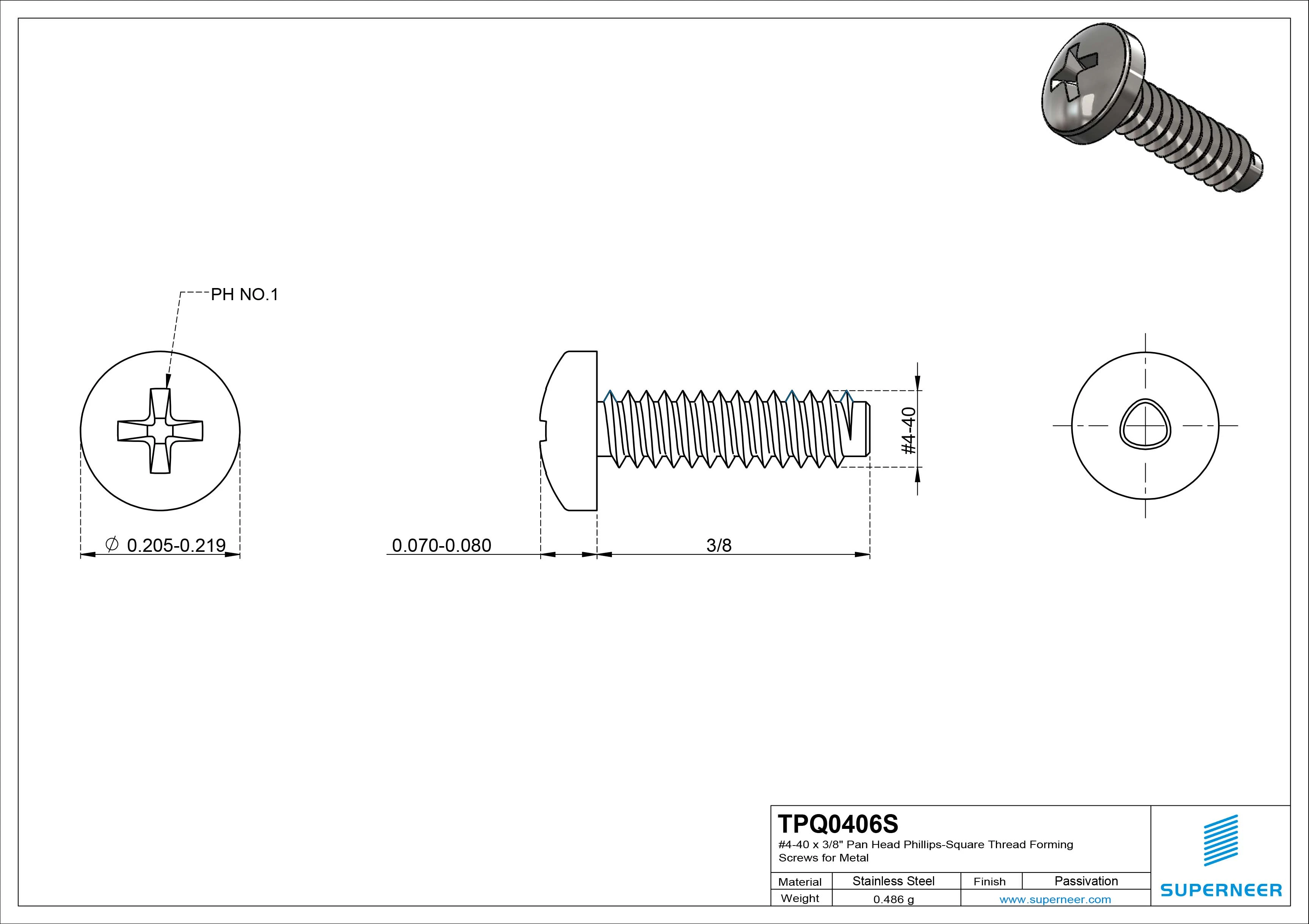 4-40 × 3/8 Pan Head Phillips Square Thread Forming  Screws for Metal  SUS304 Stainless Steel Inox