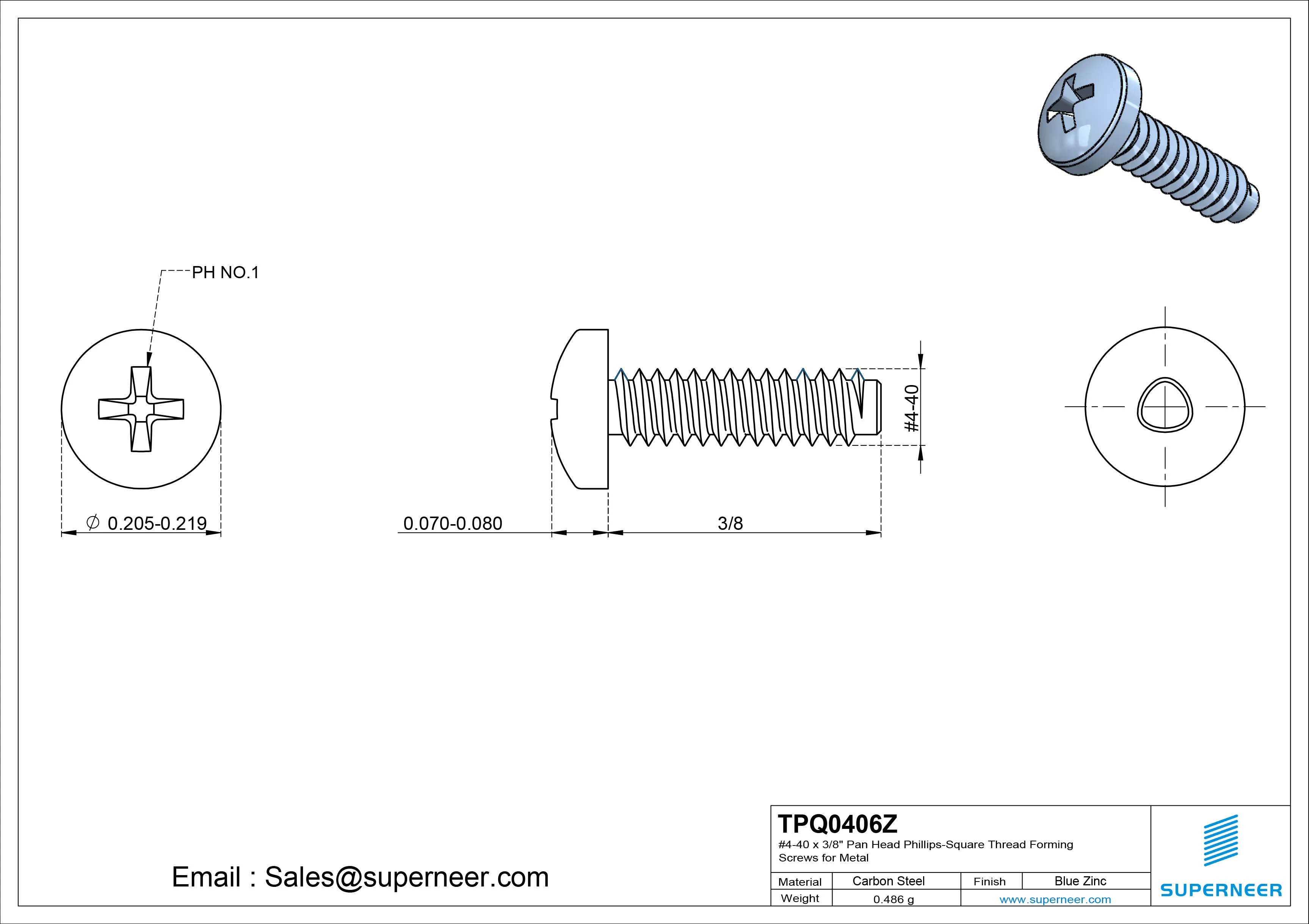 4-40 × 3/8 Pan Head Phillips Square Thread Forming  Screws for Metal  Steel Blue Zinc Plated