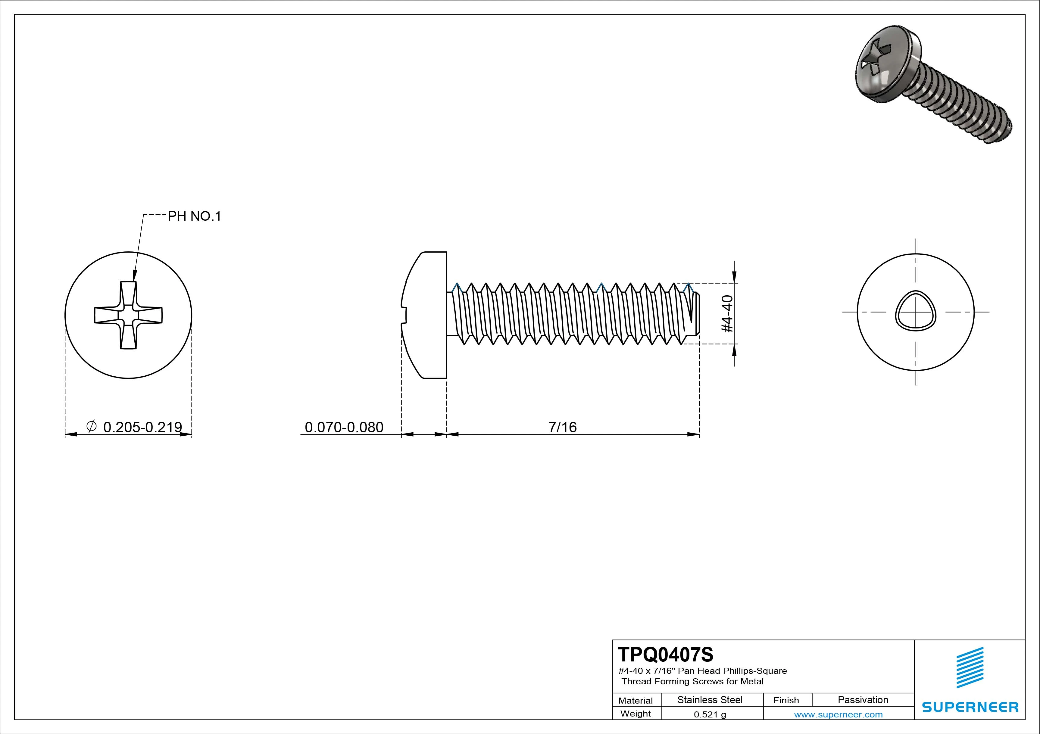 4-40 × 7/16 Pan Head Phillips Square Thread Forming  Screws for Metal  SUS304 Stainless Steel Inox