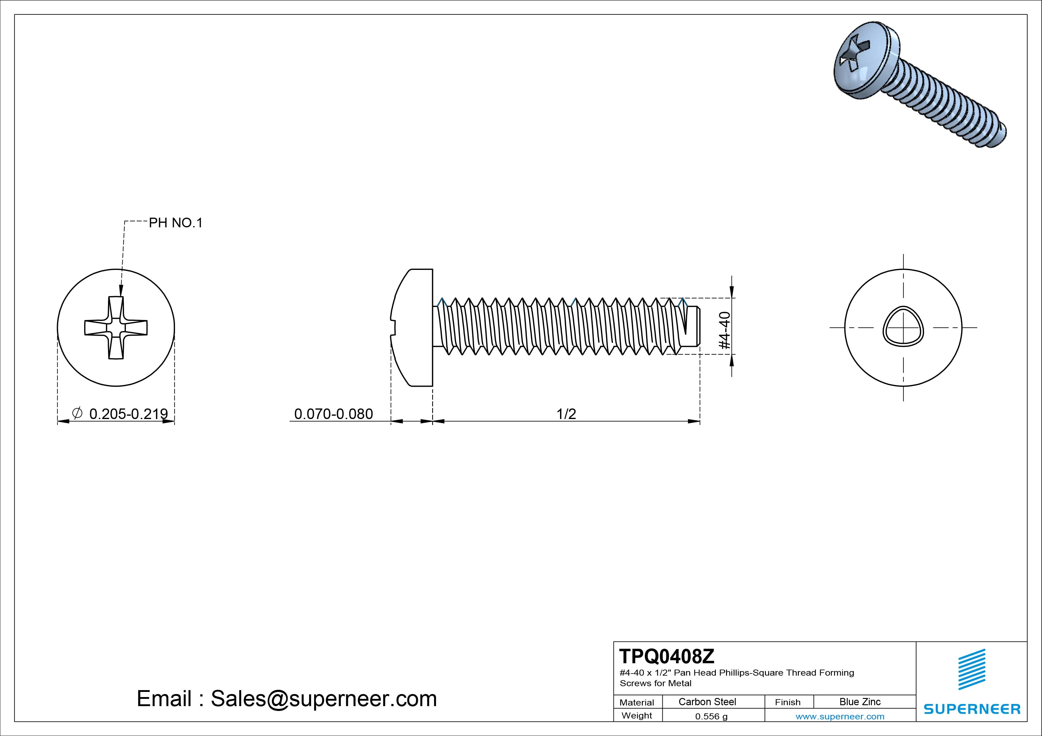 4-40 × 1/2 Pan Head Phillips Square Thread Forming  Screws for Metal  Steel Blue Zinc Plated