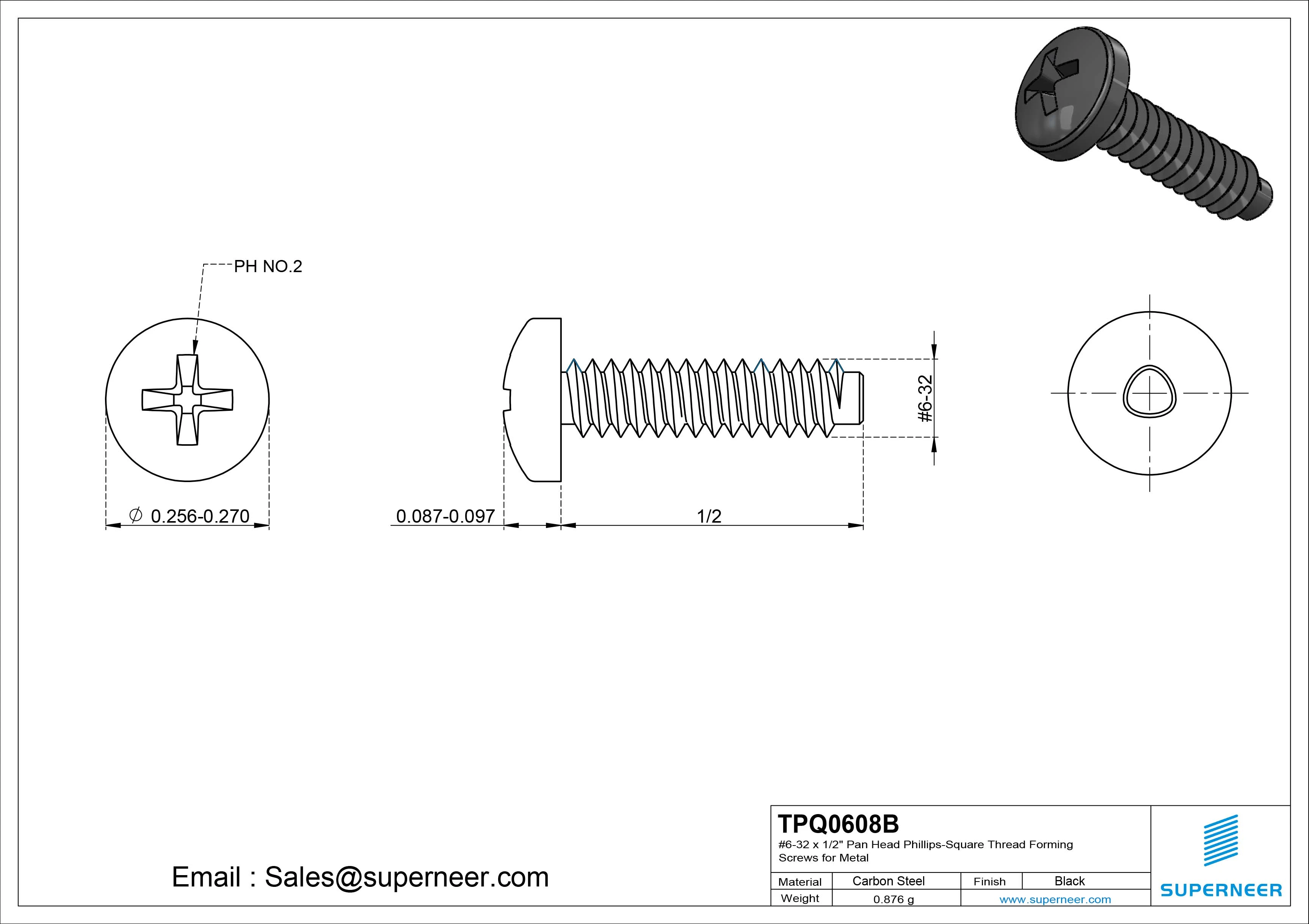 6-32 × 1/2 Pan Head Phillips Square Thread Forming  Screws for Metal  Steel Black