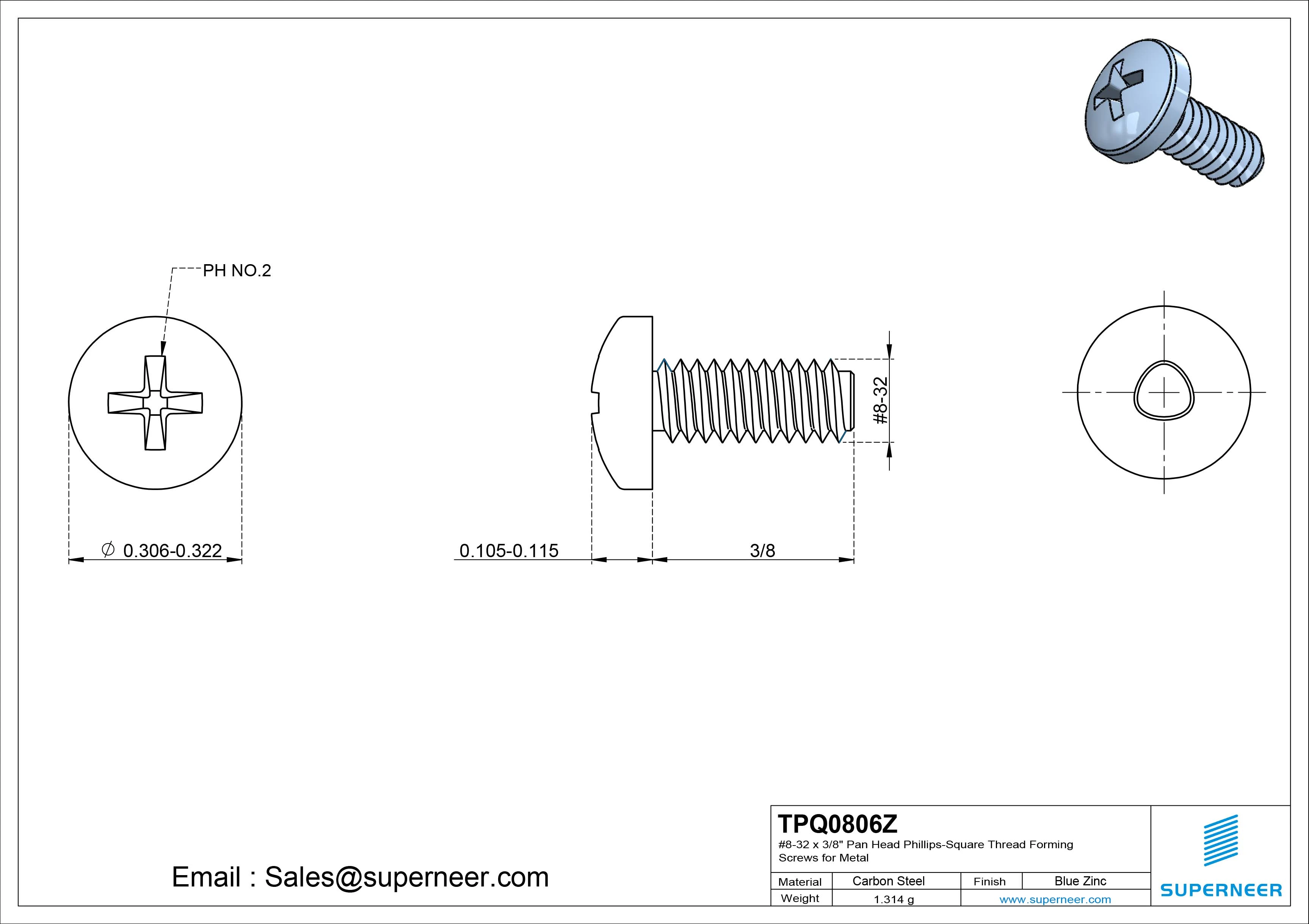 8-32 × 3/8 Pan Head Phillips Square Thread Forming  Screws for Metal  Steel Blue Zinc Plated