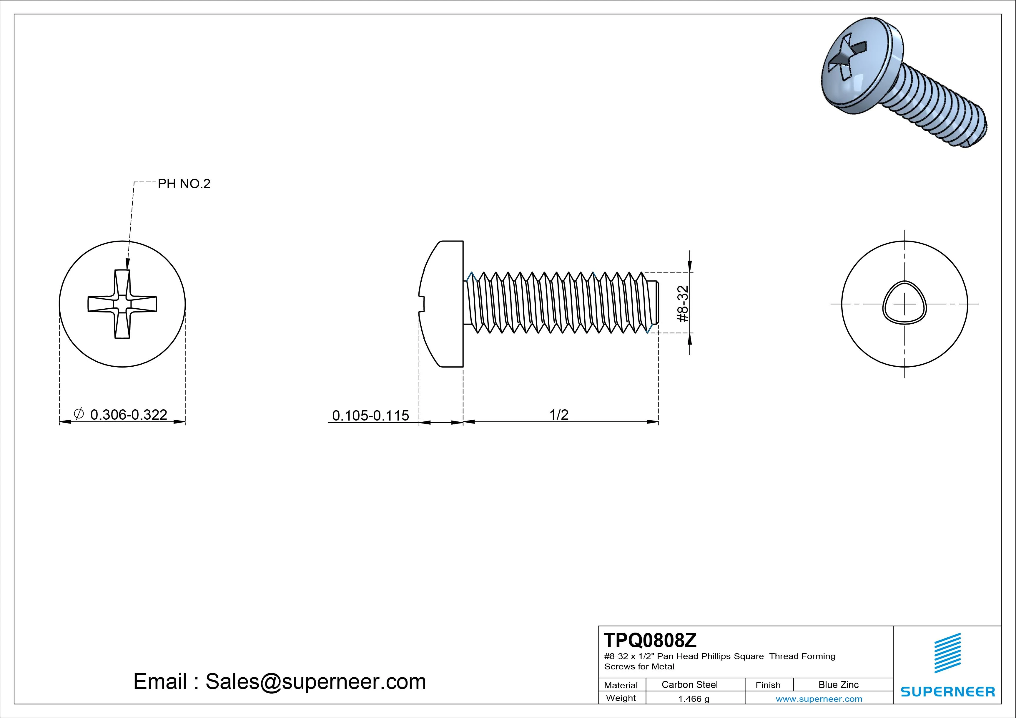 8-32 × 1/2 Pan Head Phillips Square Thread Forming  Screws for Metal  Steel Blue Zinc Plated