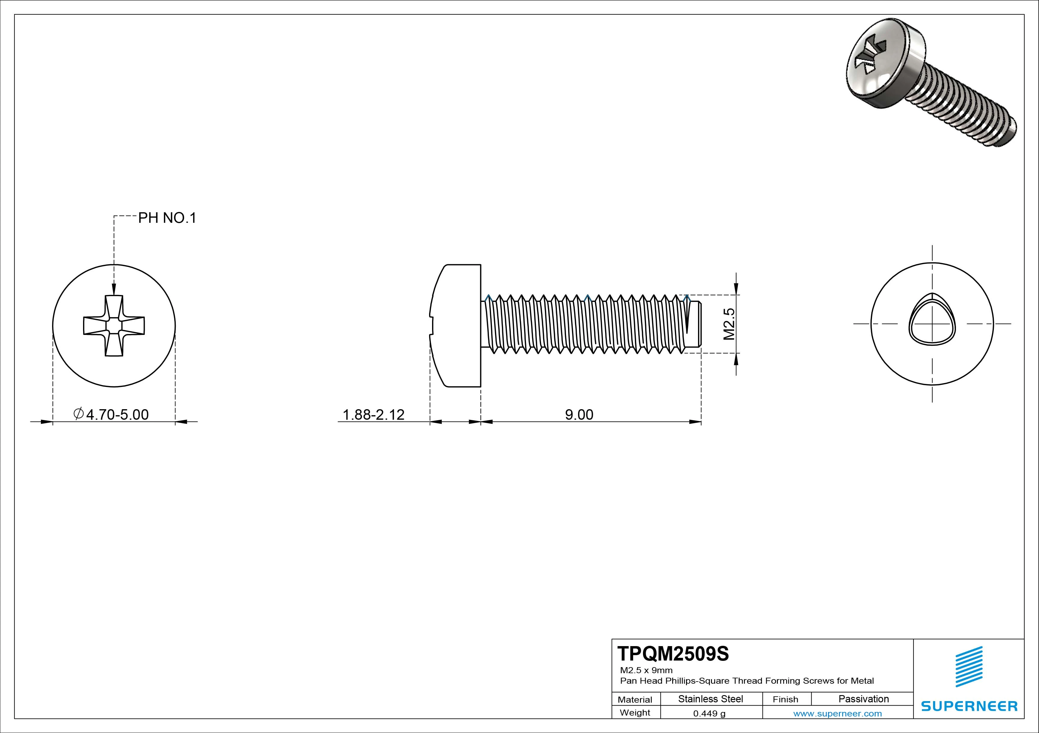 M2.5 × 9mm Pan Head Phillips-Square Thread Forming Screws for Metal SUS304 Stainless Steel Inox