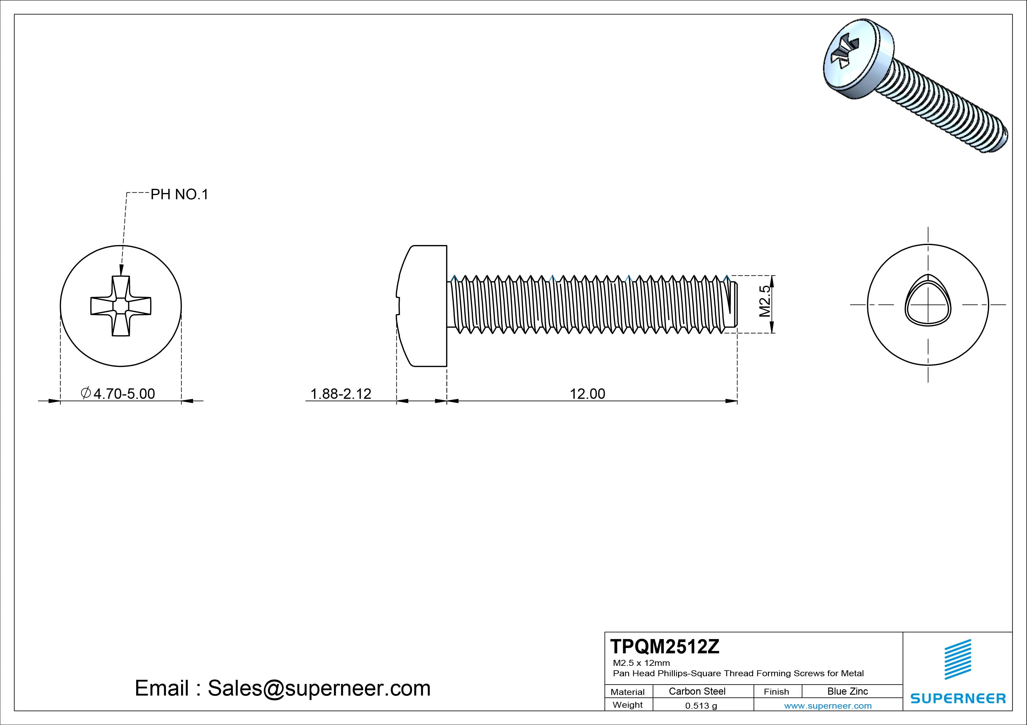 M2.5 × 12mm Pan Head Phillips-Square Thread Forming Screws for Metal Steel Blue Zinc Plated