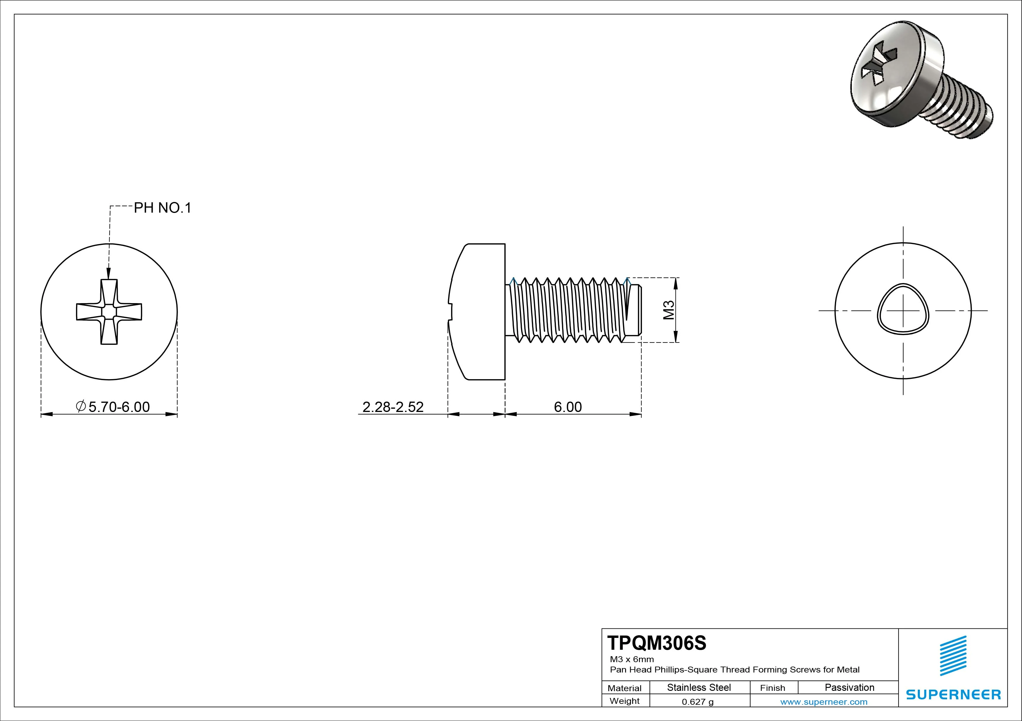 M3 × 6mm Pan Head Phillips-Square Thread Forming Screws for Metal SUS304 Stainless Steel Inox