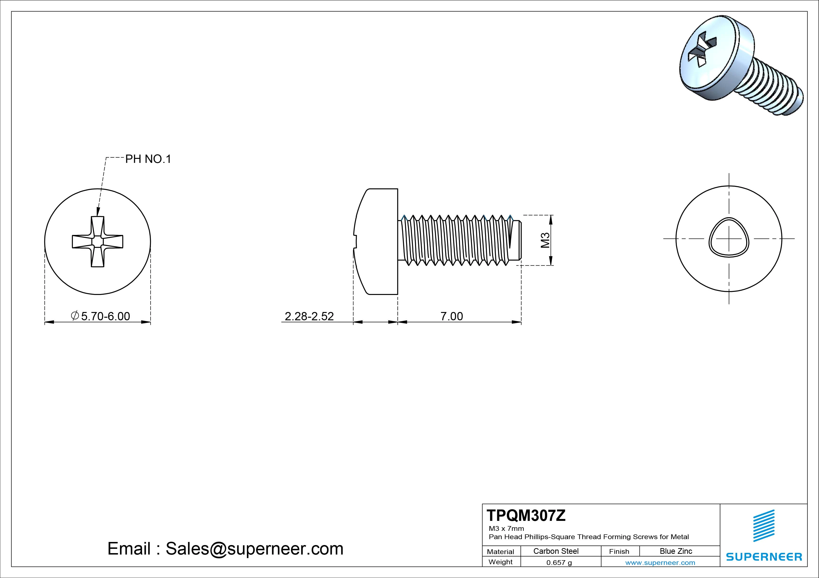 M3 × 7mm Pan Head Phillips-Square Thread Forming Screws for Metal Steel Blue Zinc Plated