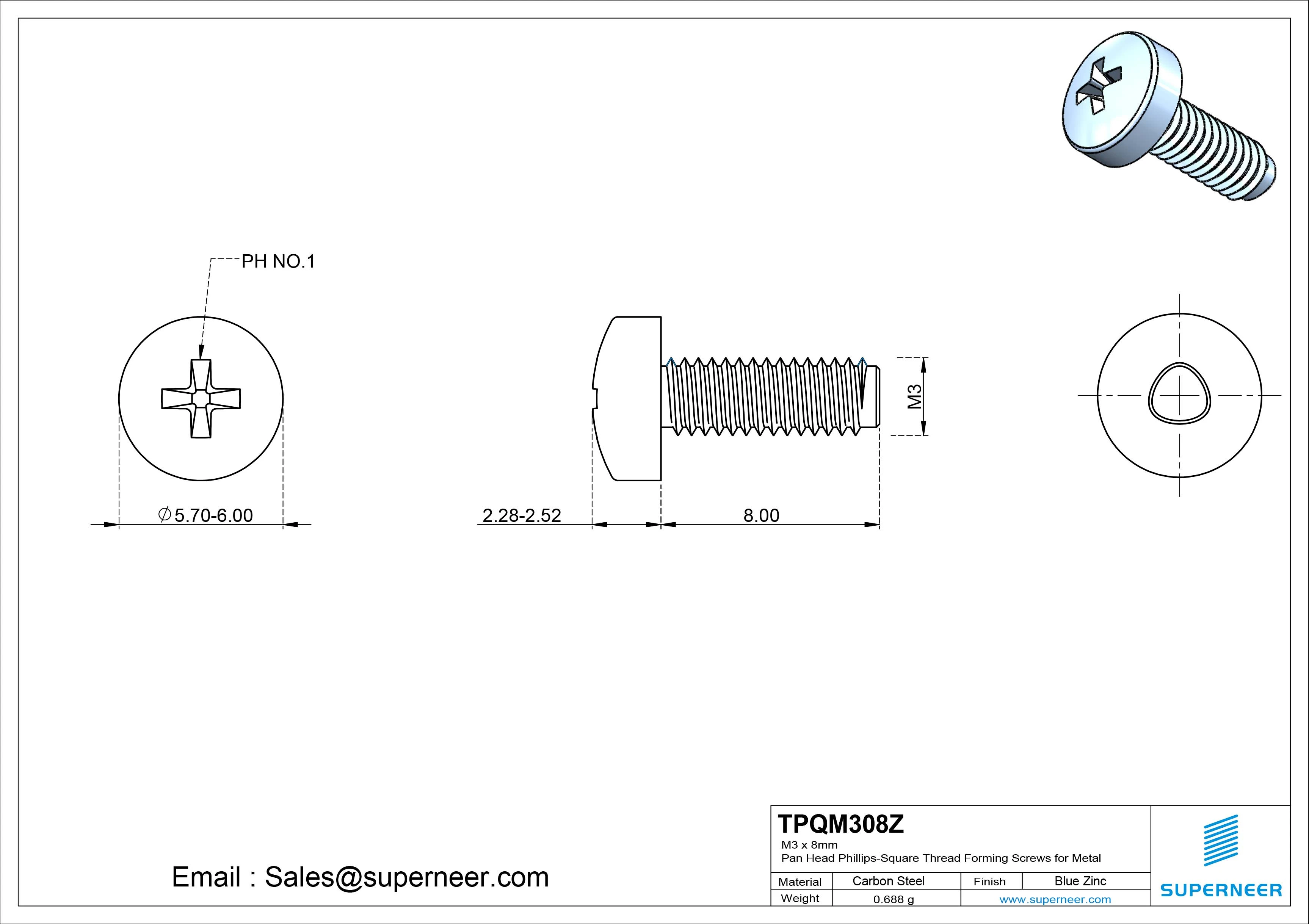 M3 × 8mm Pan Head Phillips-Square Thread Forming Screws for Metal Steel Blue Zinc Plated