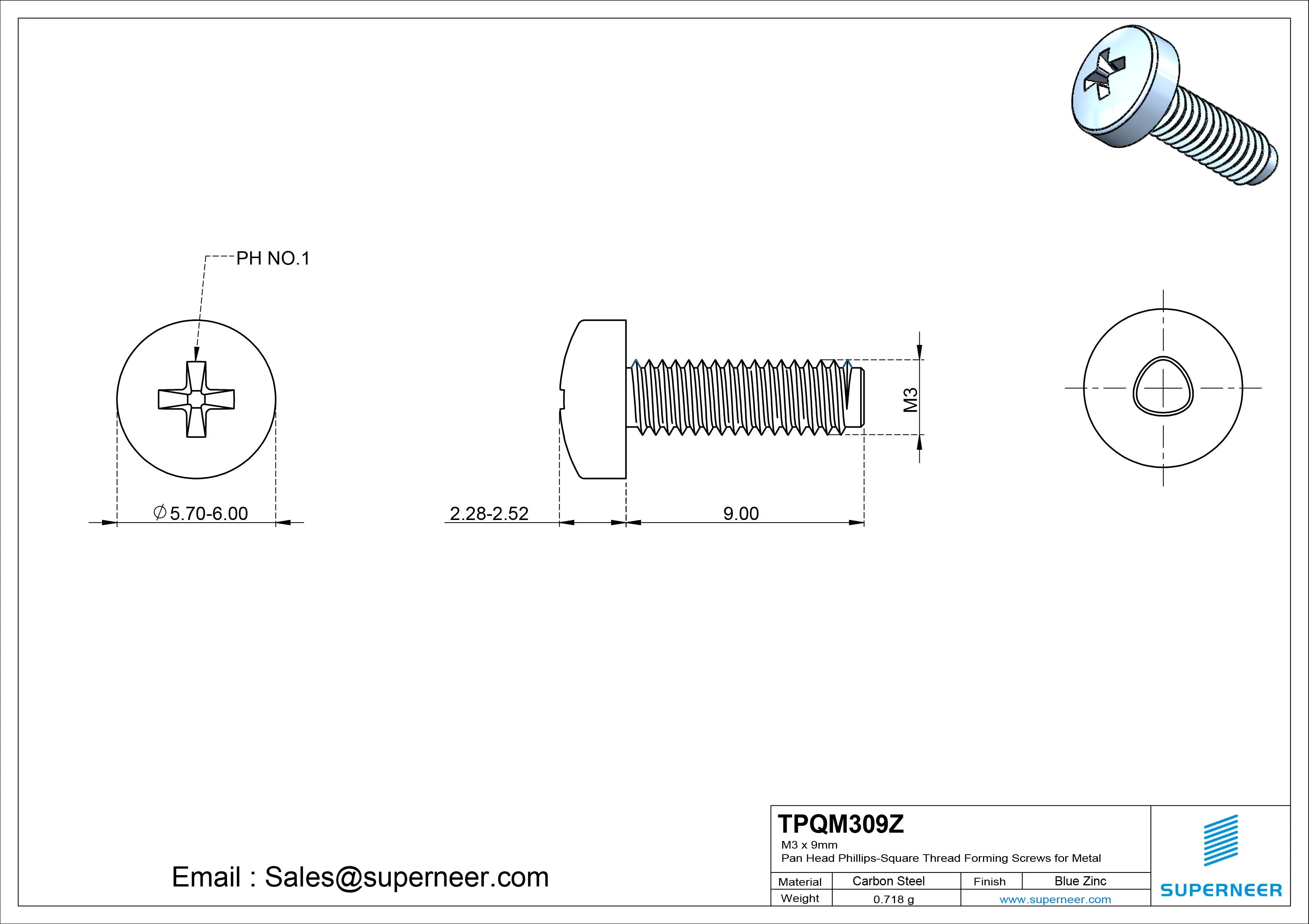 M3 × 9mm Pan Head Phillips-Square Thread Forming Screws for Metal Steel Blue Zinc Plated