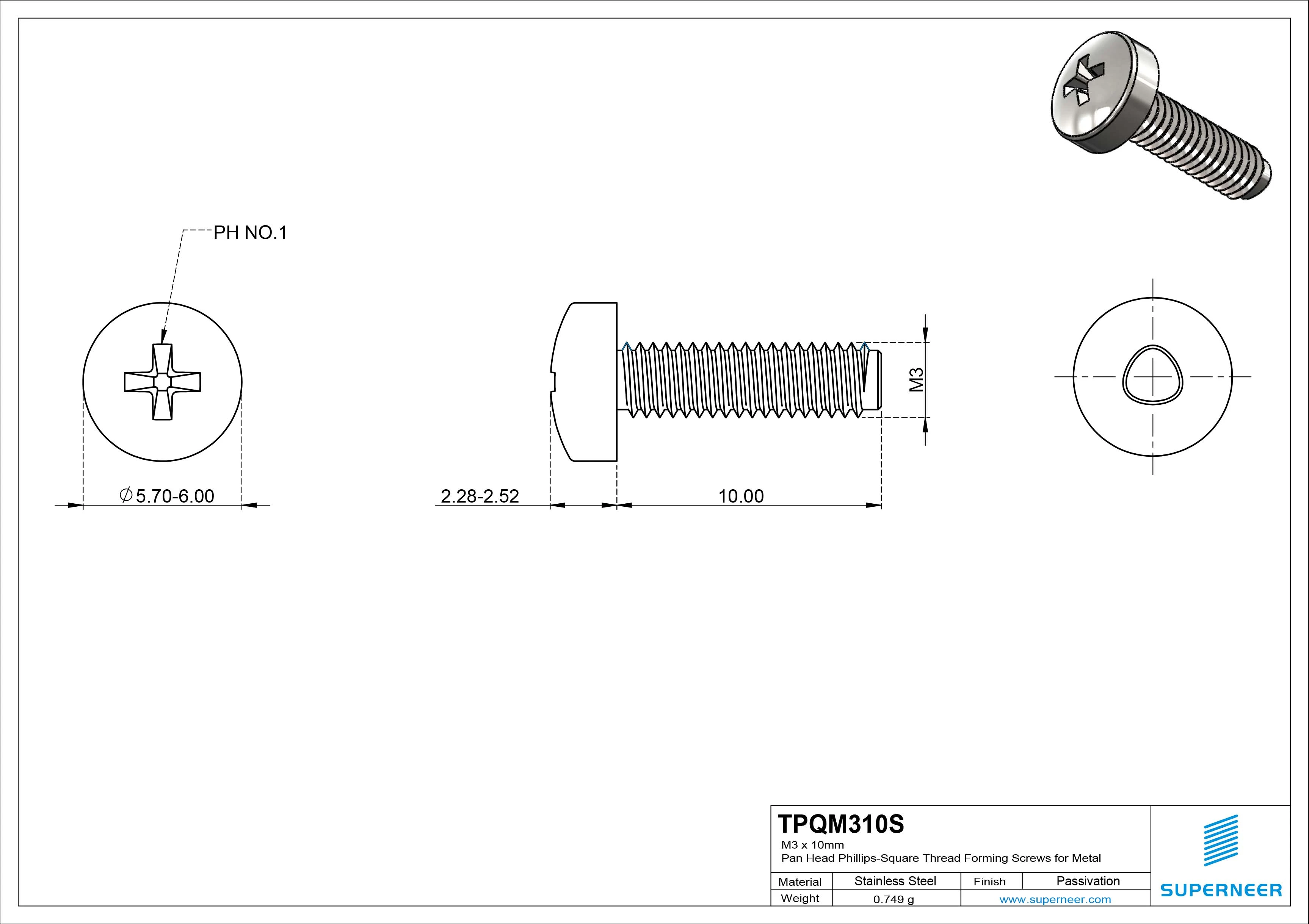 M3 × 10mm Pan Head Phillips-Square Thread Forming Screws for Metal SUS304 Stainless Steel Inox