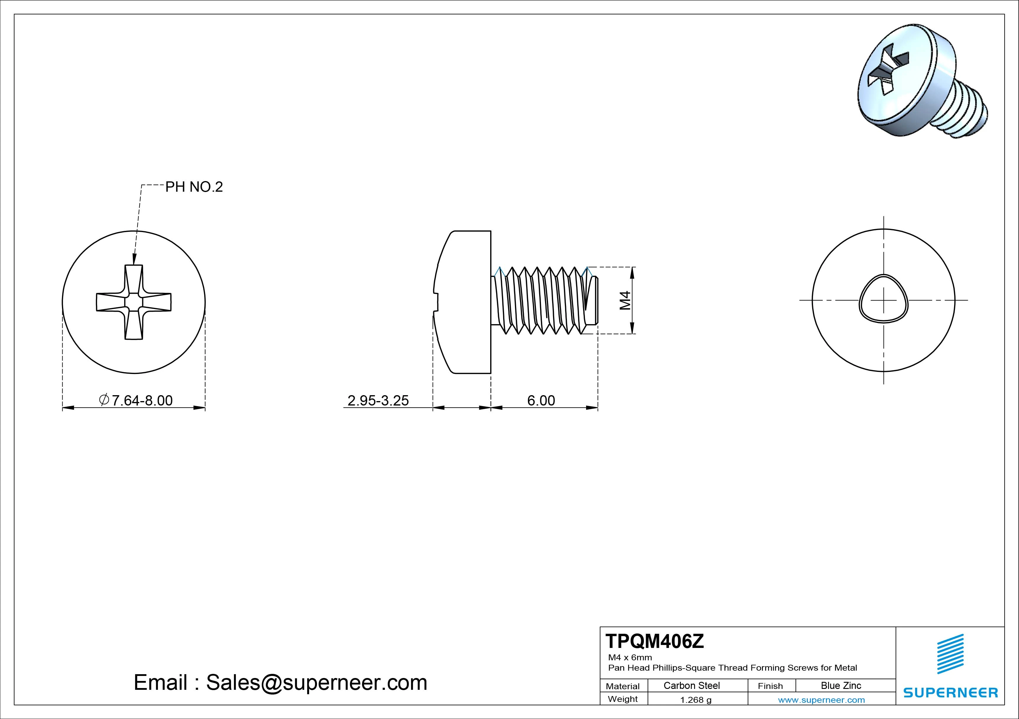 M4 × 6mm Pan Head Phillips-Square Thread Forming Screws for Metal Steel Blue Zinc Plated