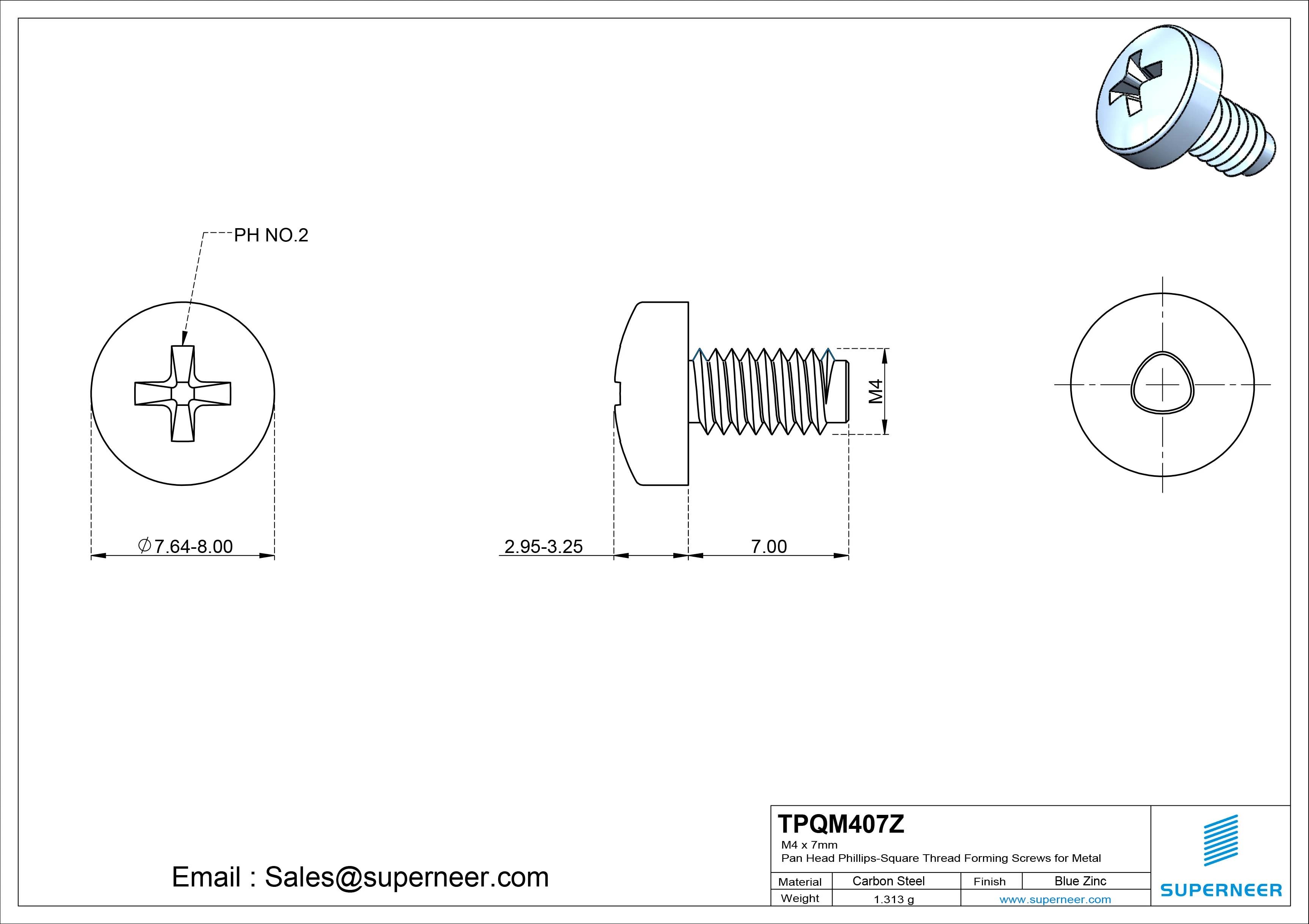 M4 × 7mm Pan Head Phillips-Square Thread Forming Screws for Metal Steel Blue Zinc Plated