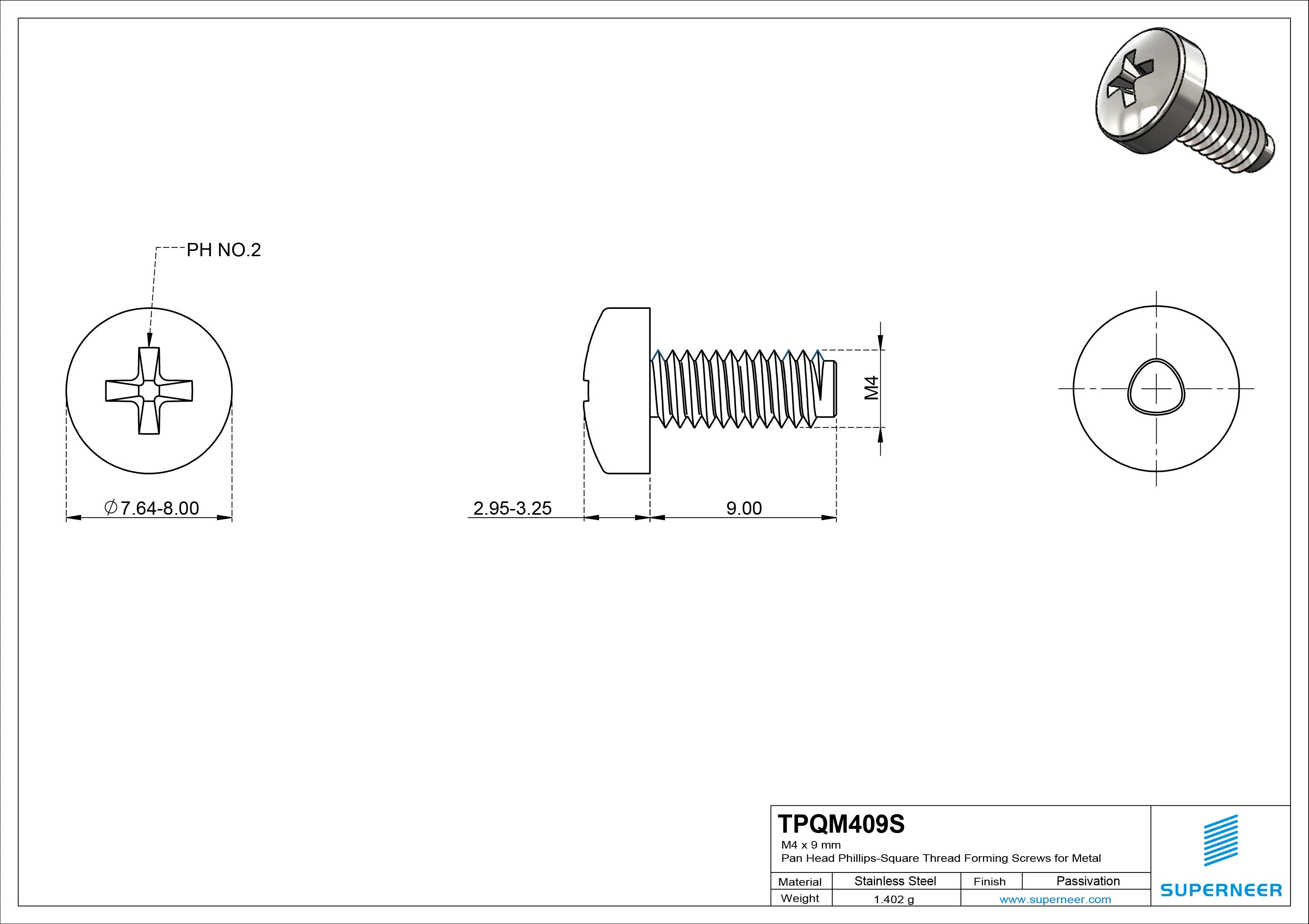 M4 × 9mm Pan Head Phillips-Square Thread Forming Screws for Metal SUS304 Stainless Steel Inox