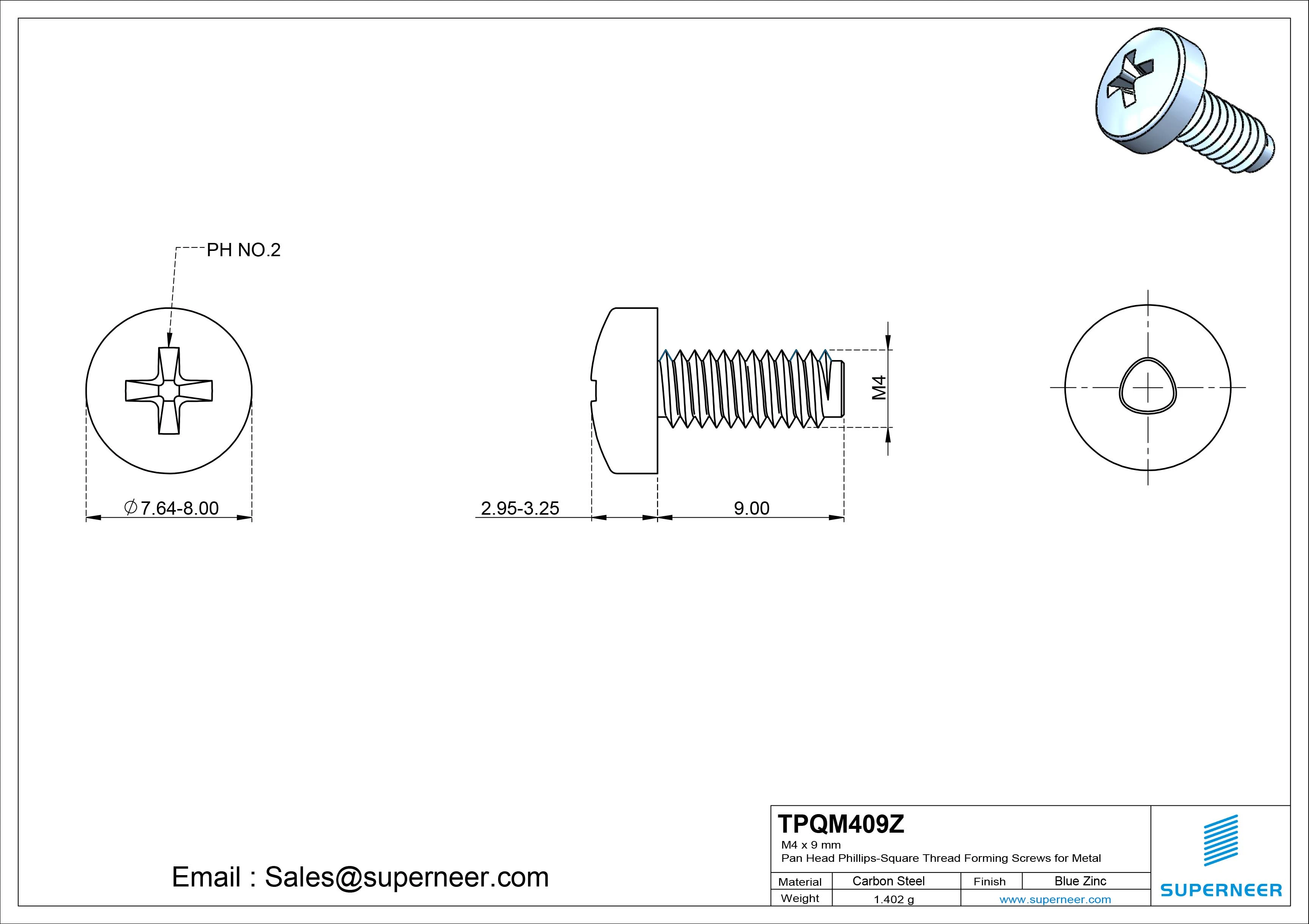 M4 × 9mm Pan Head Phillips-Square Thread Forming Screws for Metal Steel Blue Zinc Plated