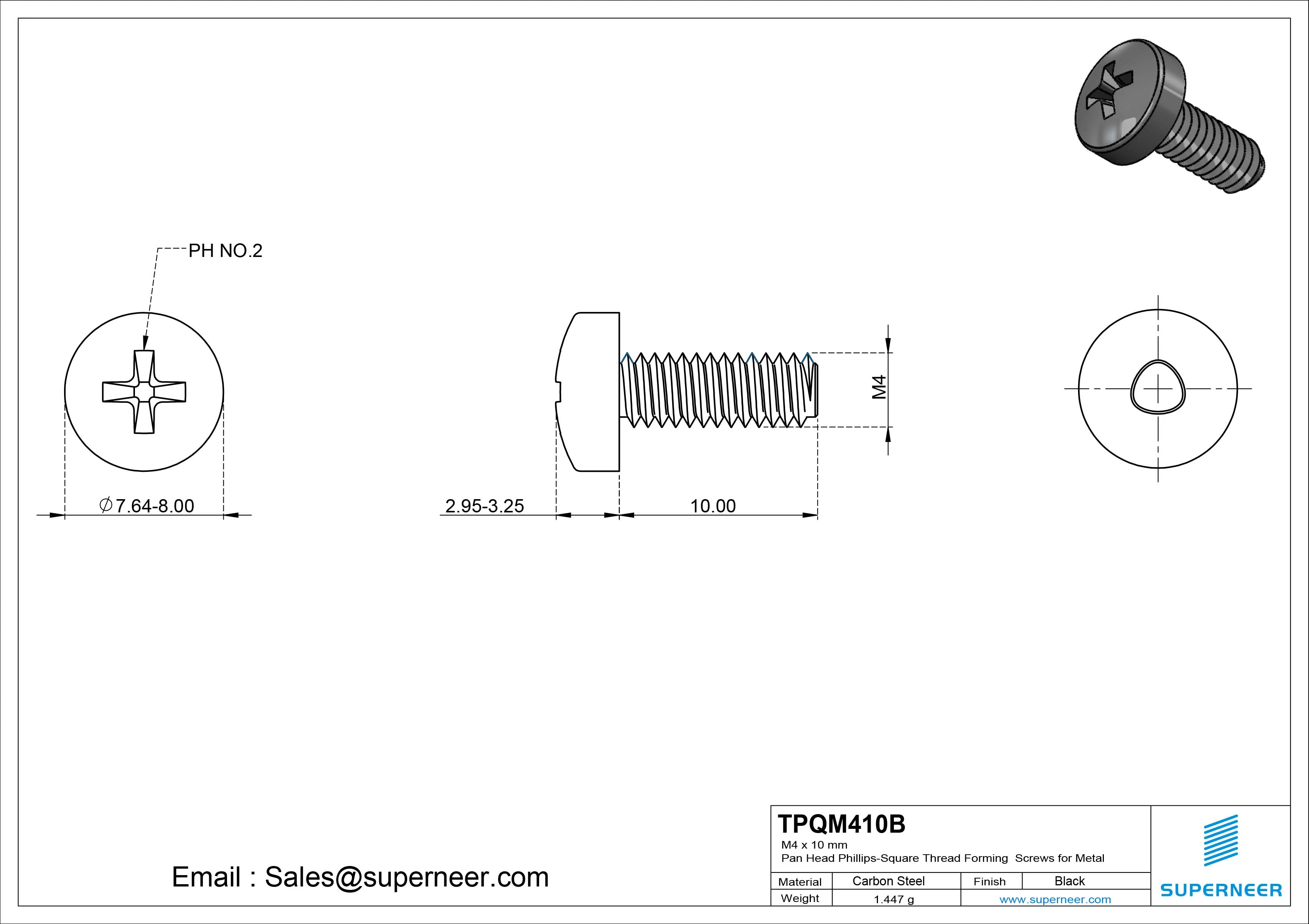 M4 × 10mm Pan Head Phillips-Square Thread Forming Screws for Metal Steel Black