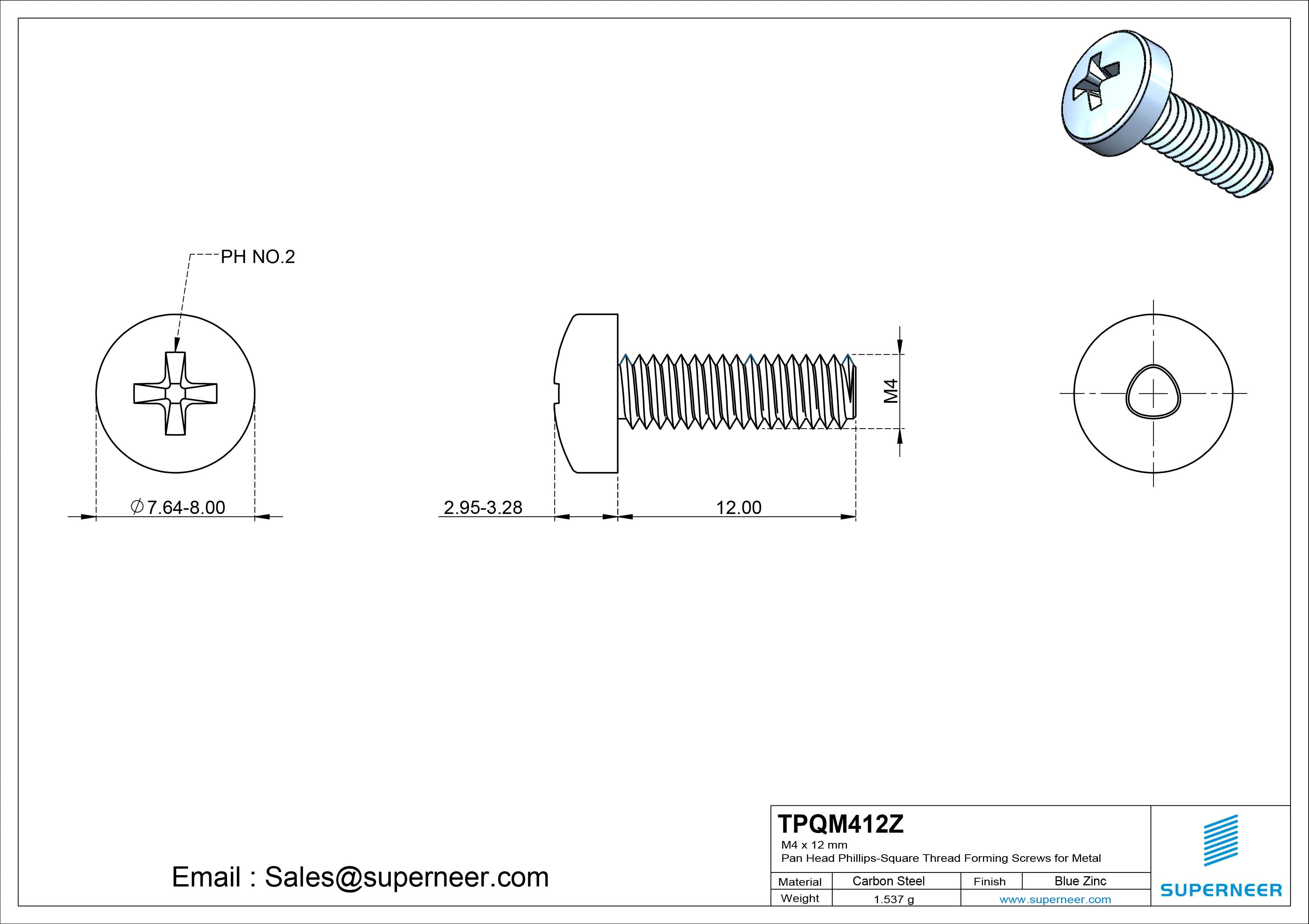 M4 × 12mm Pan Head Phillips-Square Thread Forming Screws for Metal Steel Blue Zinc Plated