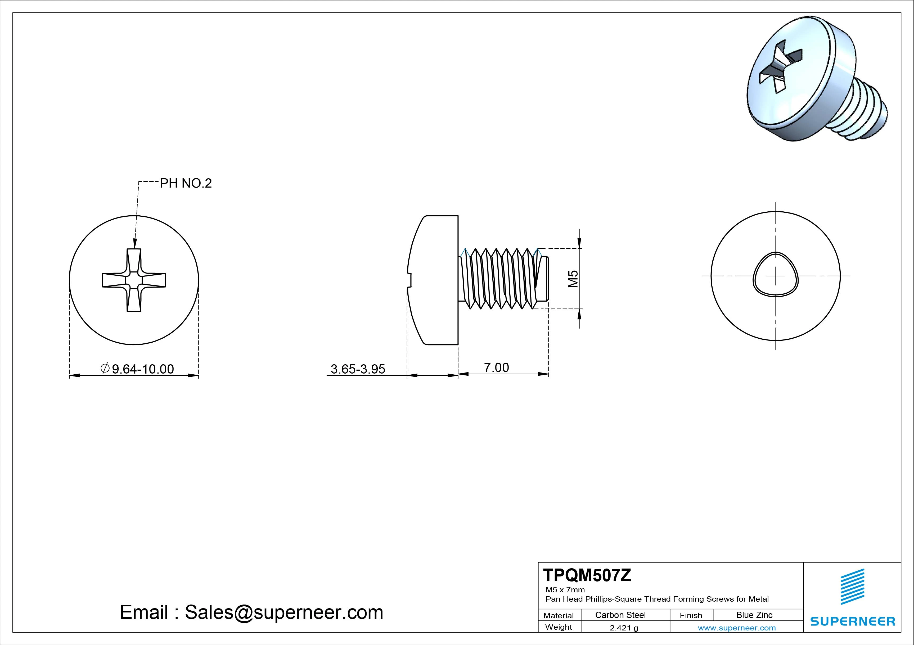 M5 × 7mm Pan Head Phillips-Square Thread Forming Screws for Metal Steel Blue Zinc Plated