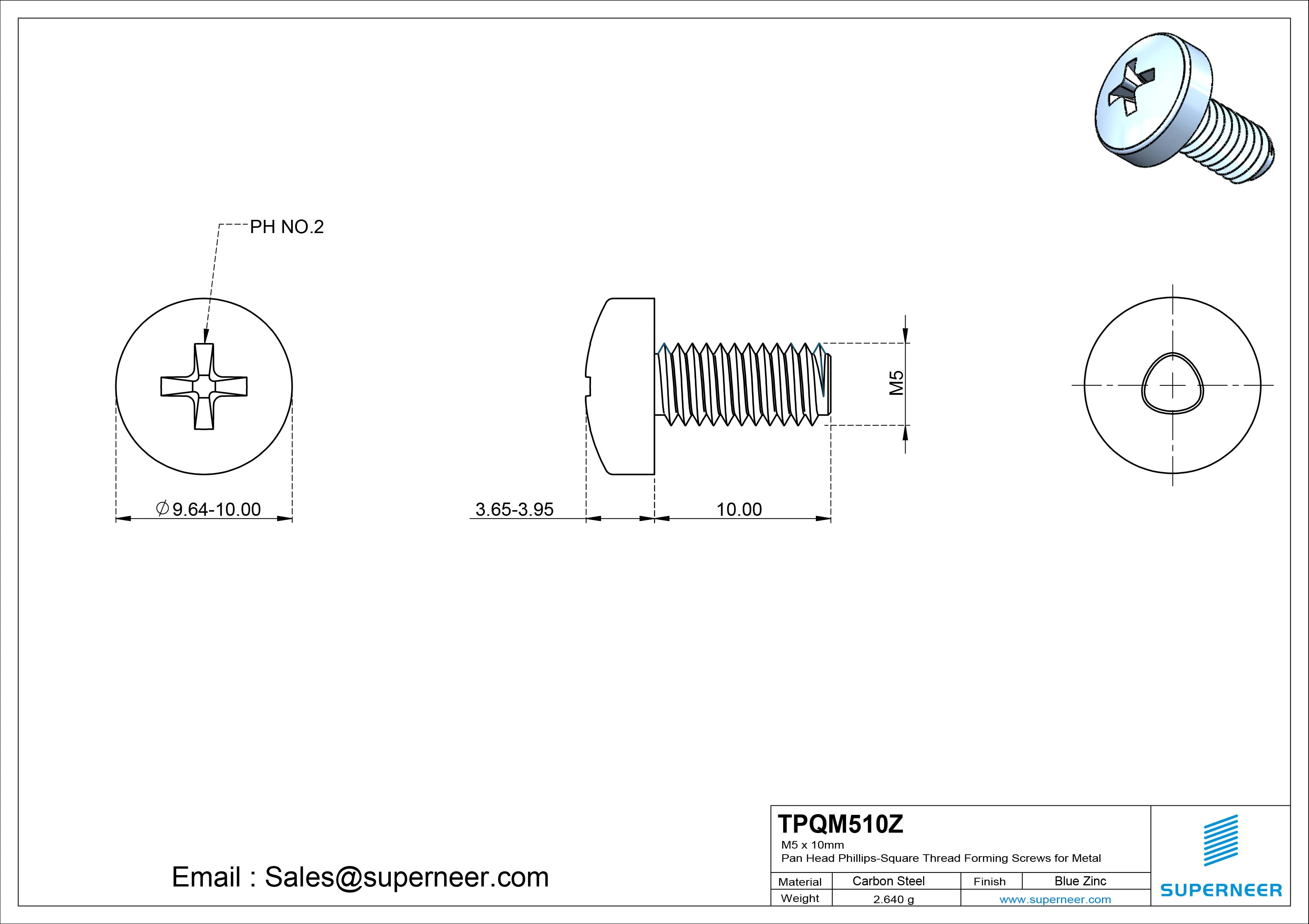 M5 × 10mm Pan Head Phillips-Square Thread Forming Screws for Metal Steel Blue Zinc Plated