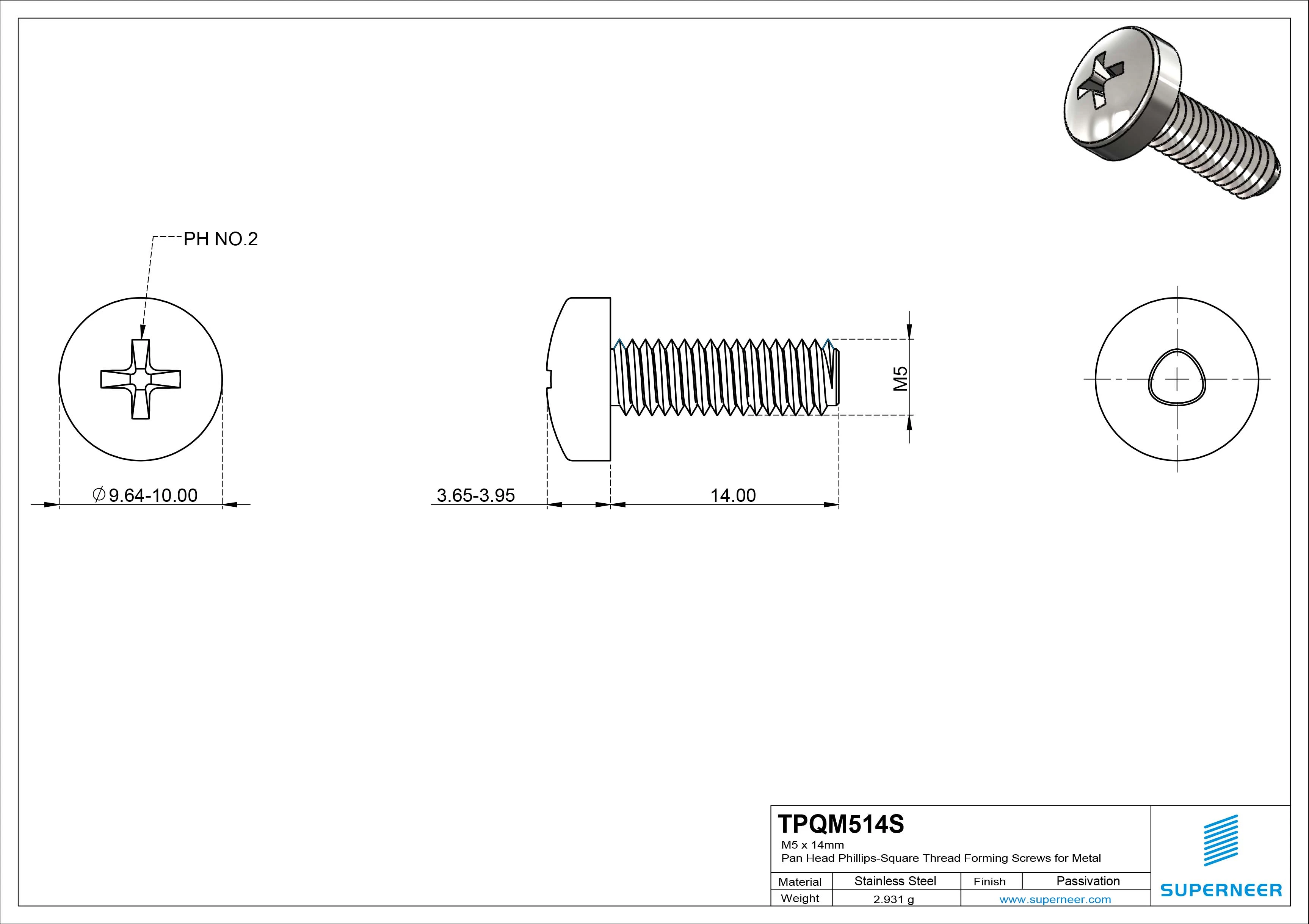 M5 × 14mm Pan Head Phillips-Square Thread Forming Screws for Metal SUS304 Stainless Steel Inox