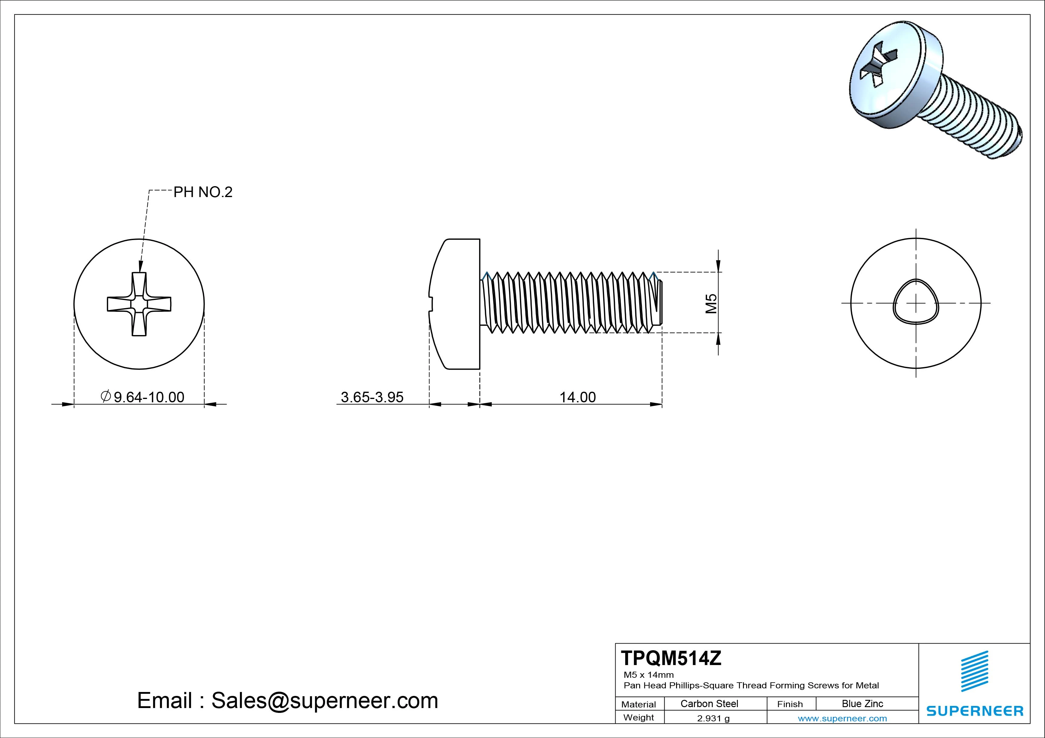 M5 × 14mm Pan Head Phillips-Square Thread Forming Screws for Metal Steel Blue Zinc Plated