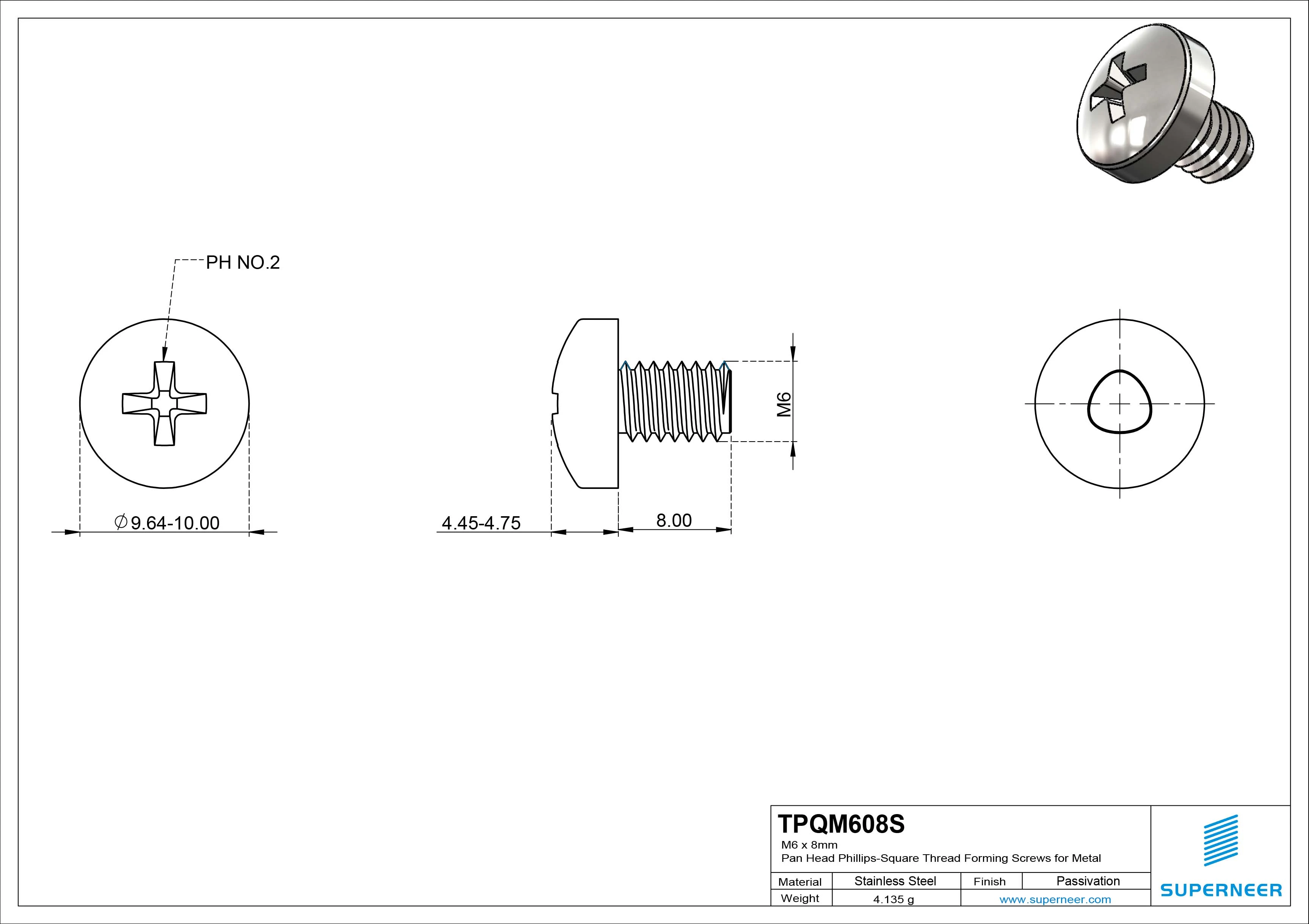 M6 × 8mm Pan Head Phillips-Square Thread Forming Screws for Metal SUS304 Stainless Steel Inox