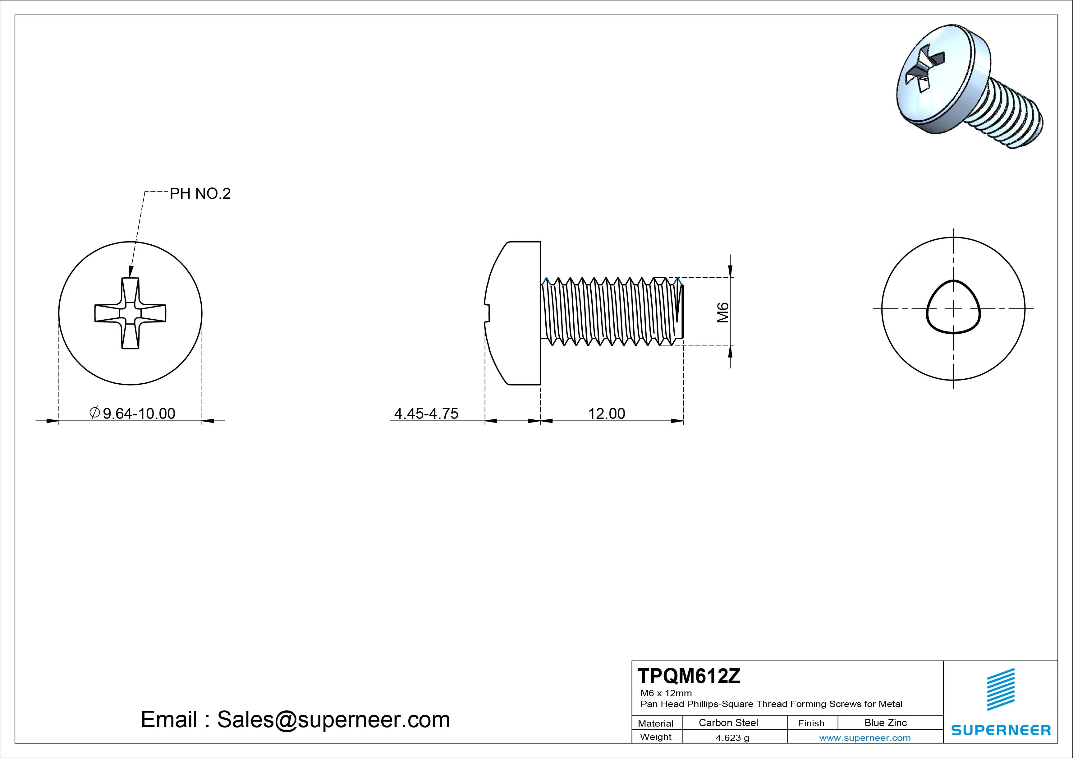 M6 × 12mm Pan Head Phillips-Square Thread Forming Screws for Metal Steel Blue Zinc Plated