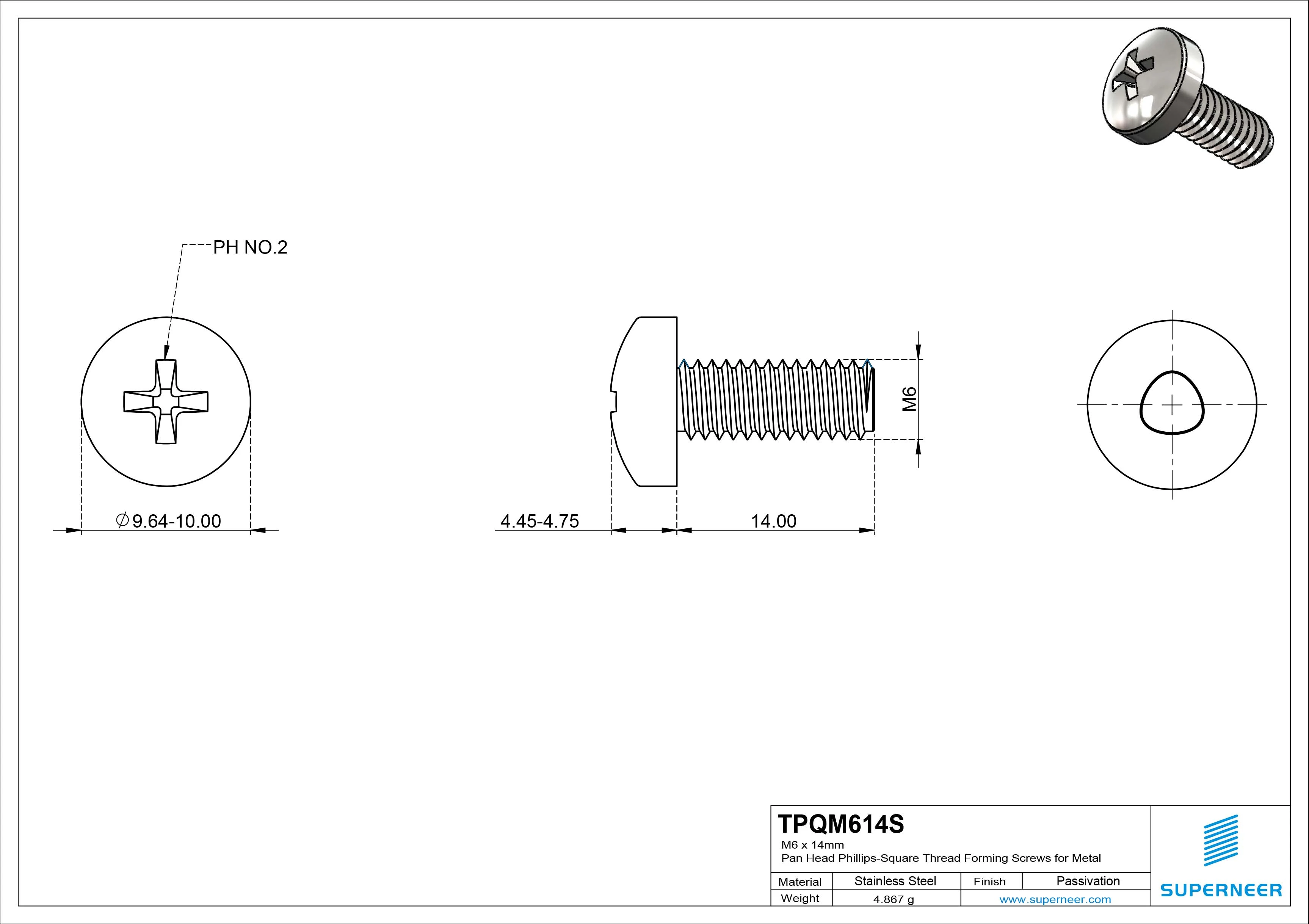 M6 × 14mm Pan Head Phillips-Square Thread Forming Screws for Metal SUS304 Stainless Steel Inox