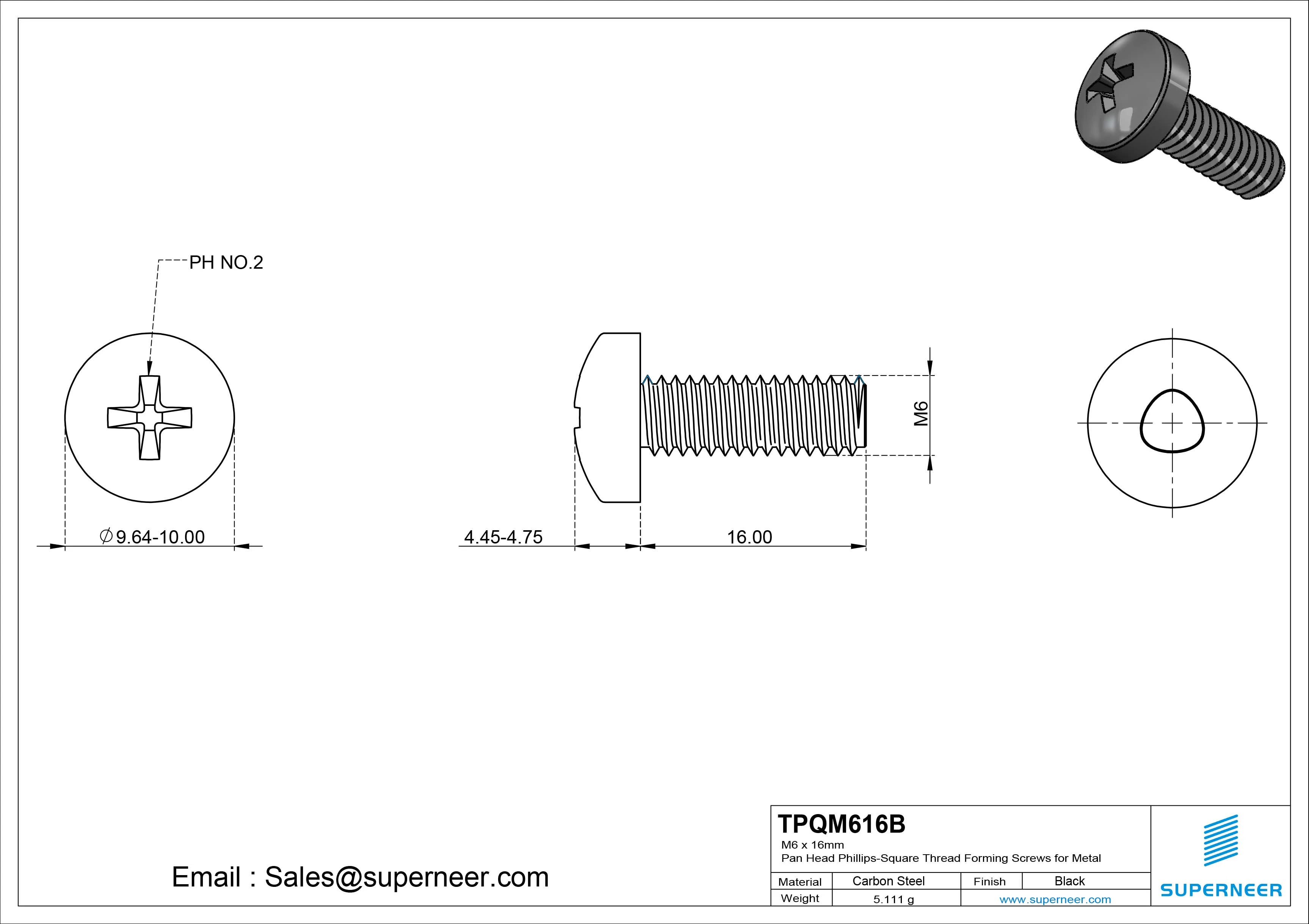 M6 × 16mm Pan Head Phillips-Square Thread Forming Screws for Metal Steel Black