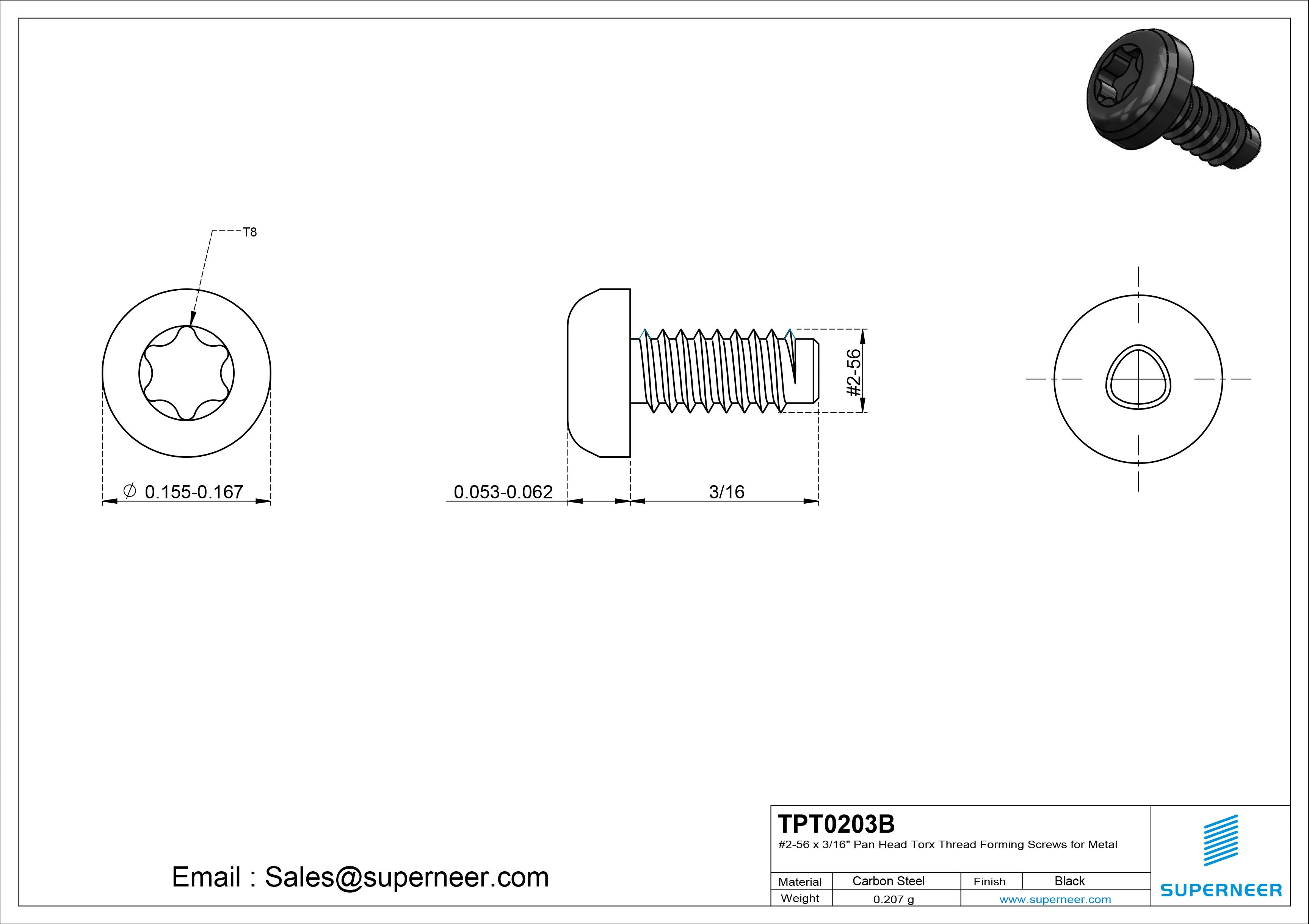 2-56 × 3/16 Pan Head Torx Thread Forming  Screws for Metal  Steel Black