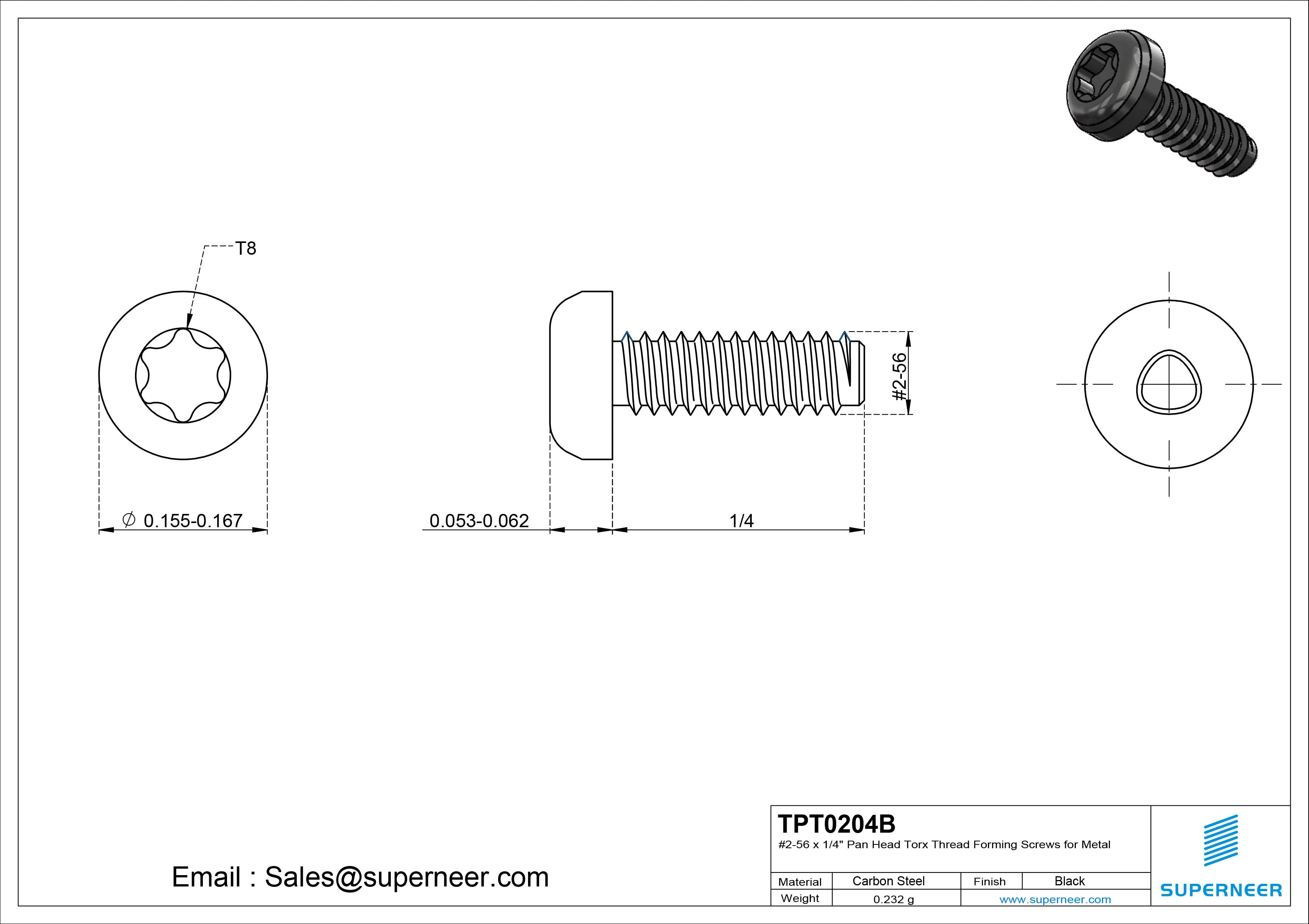 2-56 × 1/4 Pan Head Torx Thread Forming  Screws for Metal  Steel Black