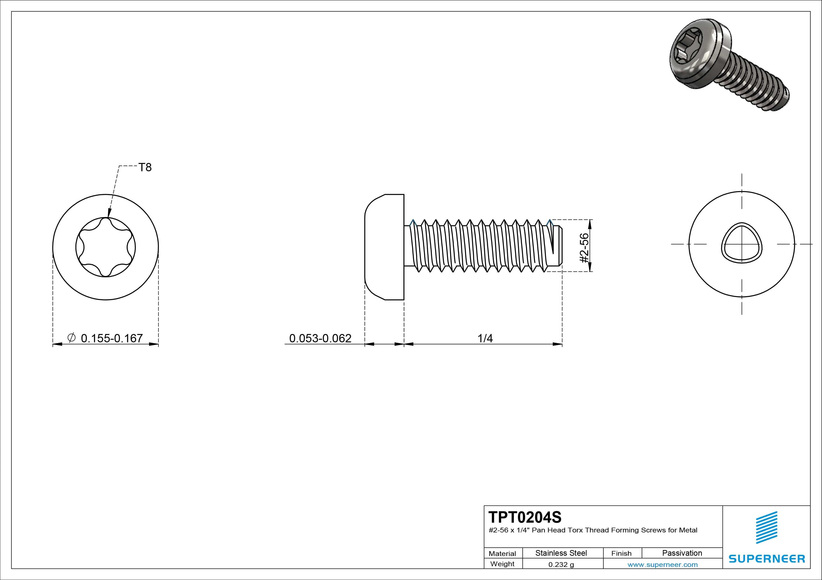 2-56 × 1/4 Pan Head Torx Thread Forming  Screws for Metal  SUS304 Stainless Steel Inox