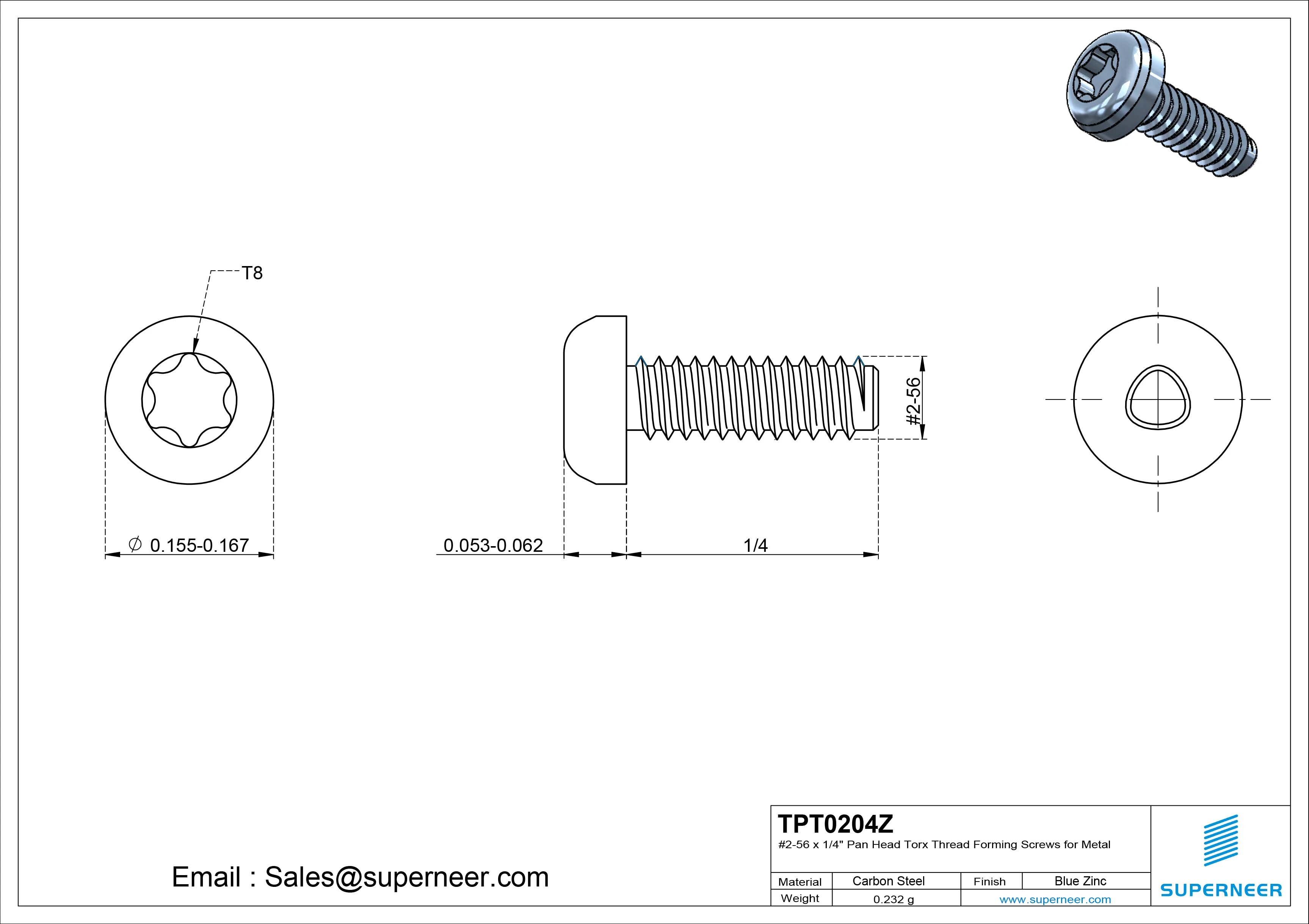 2-56 × 1/4 Pan Head Torx Thread Forming  Screws for Metal  Steel Blue Zinc Plated