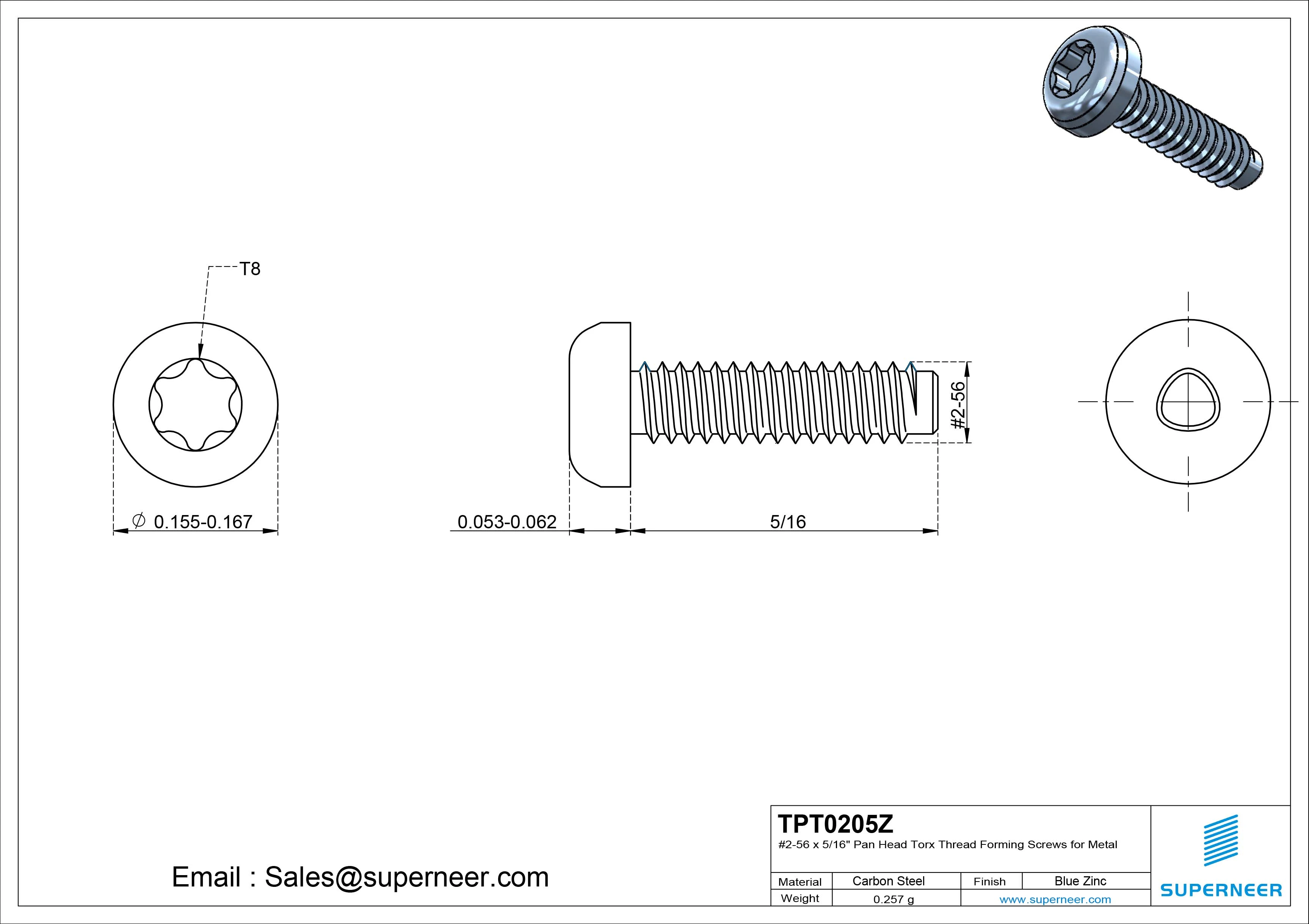 2-56 × 5/16 Pan Head Torx Thread Forming  Screws for Metal  Steel Blue Zinc Plated