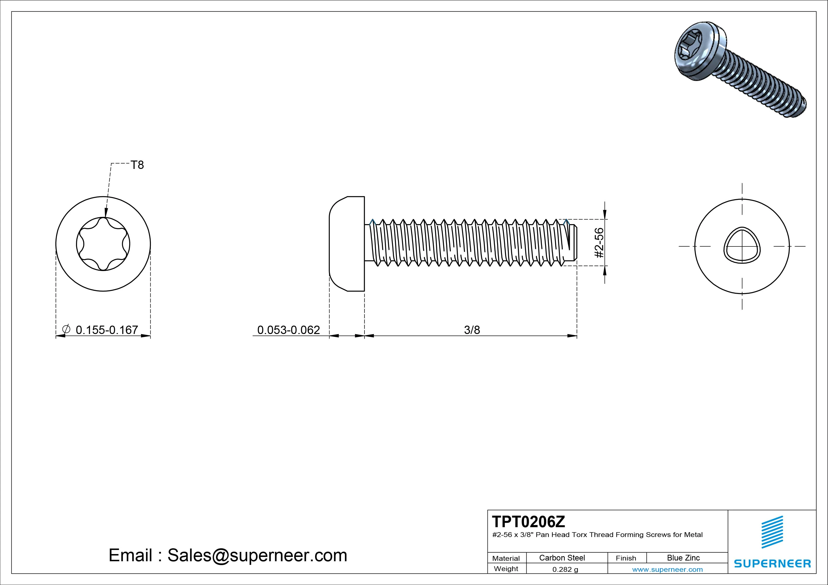 2-56 × 3/8 Pan Head Torx Thread Forming  Screws for Metal  Steel Blue Zinc Plated