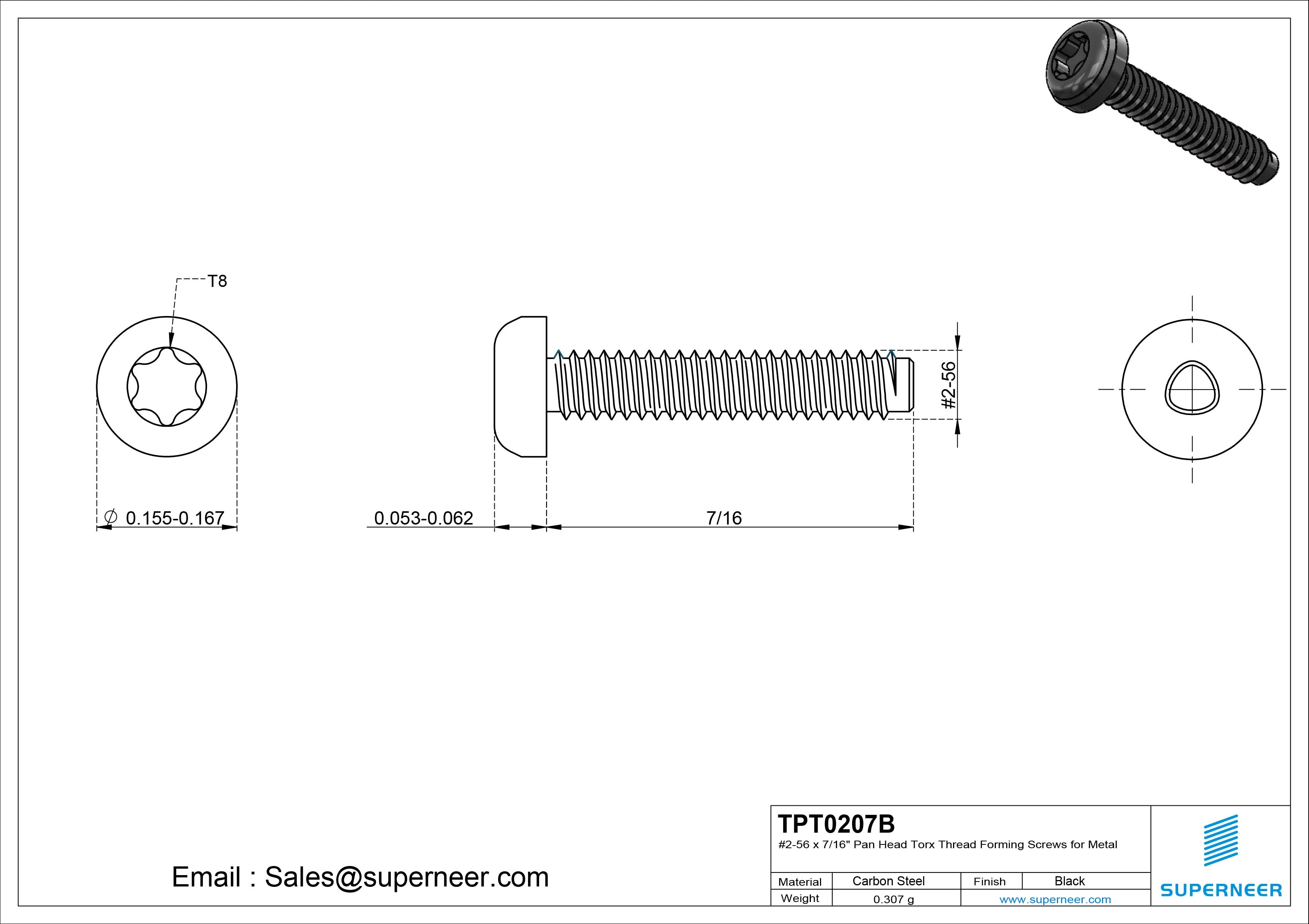 2-56 × 7/16 Pan Head Torx Thread Forming  Screws for Metal  Steel Black