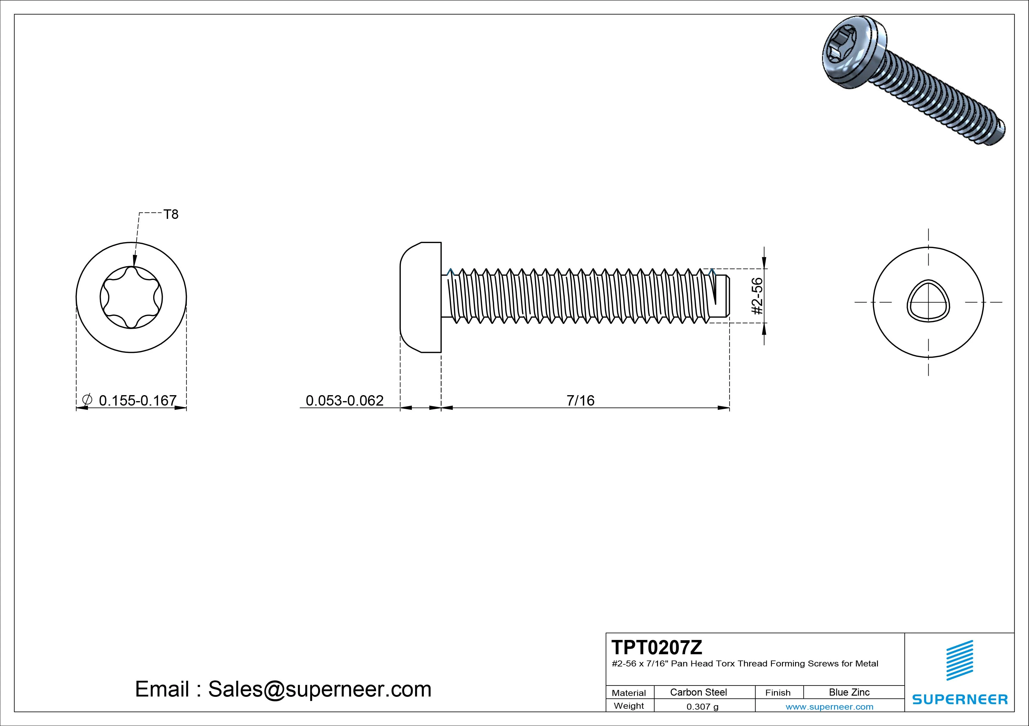 2-56 × 7/16 Pan Head Torx Thread Forming  Screws for Metal  Steel Blue Zinc Plated