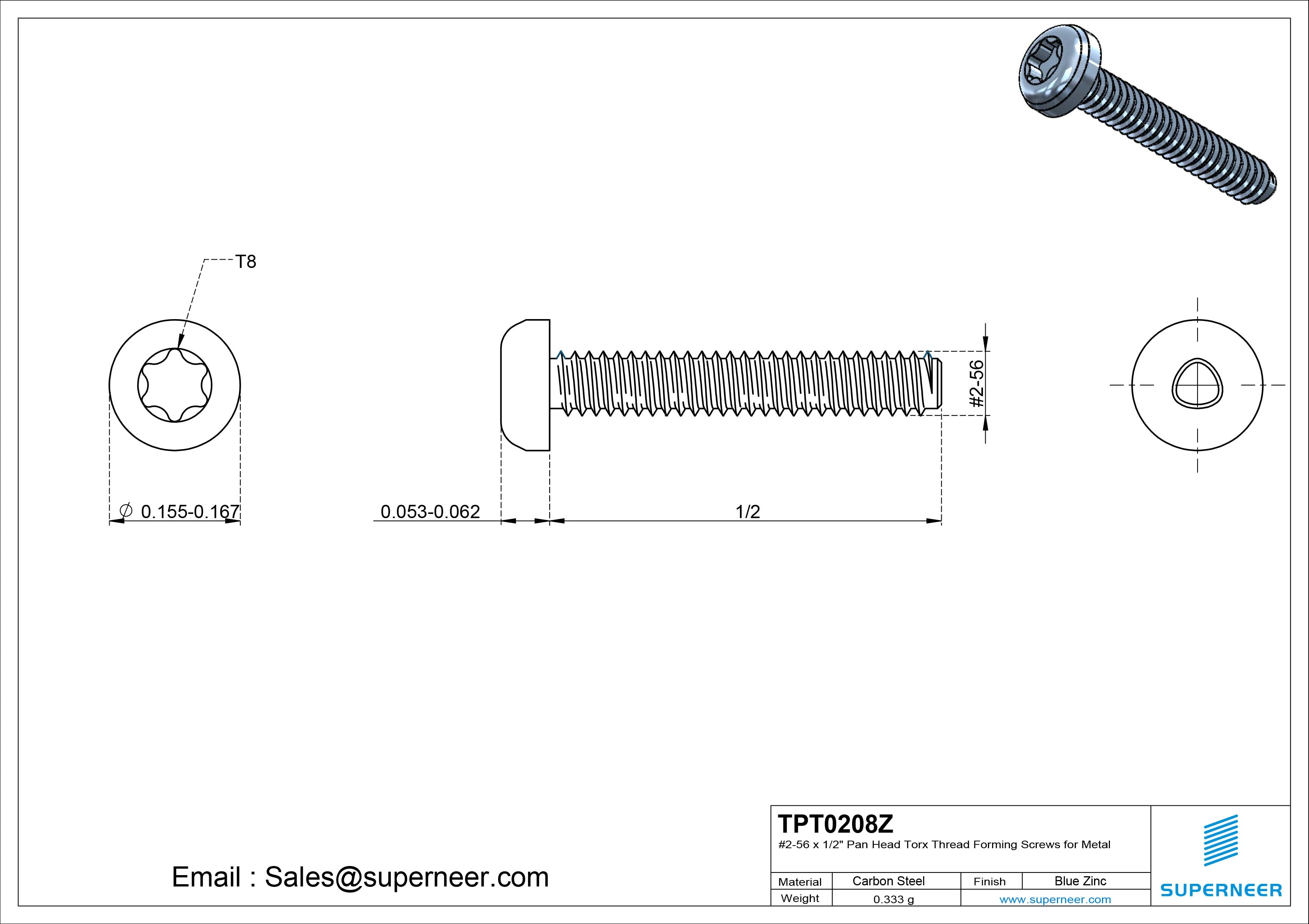 2-56 × 1/2 Pan Head Torx Thread Forming  Screws for Metal  Steel Blue Zinc Plated