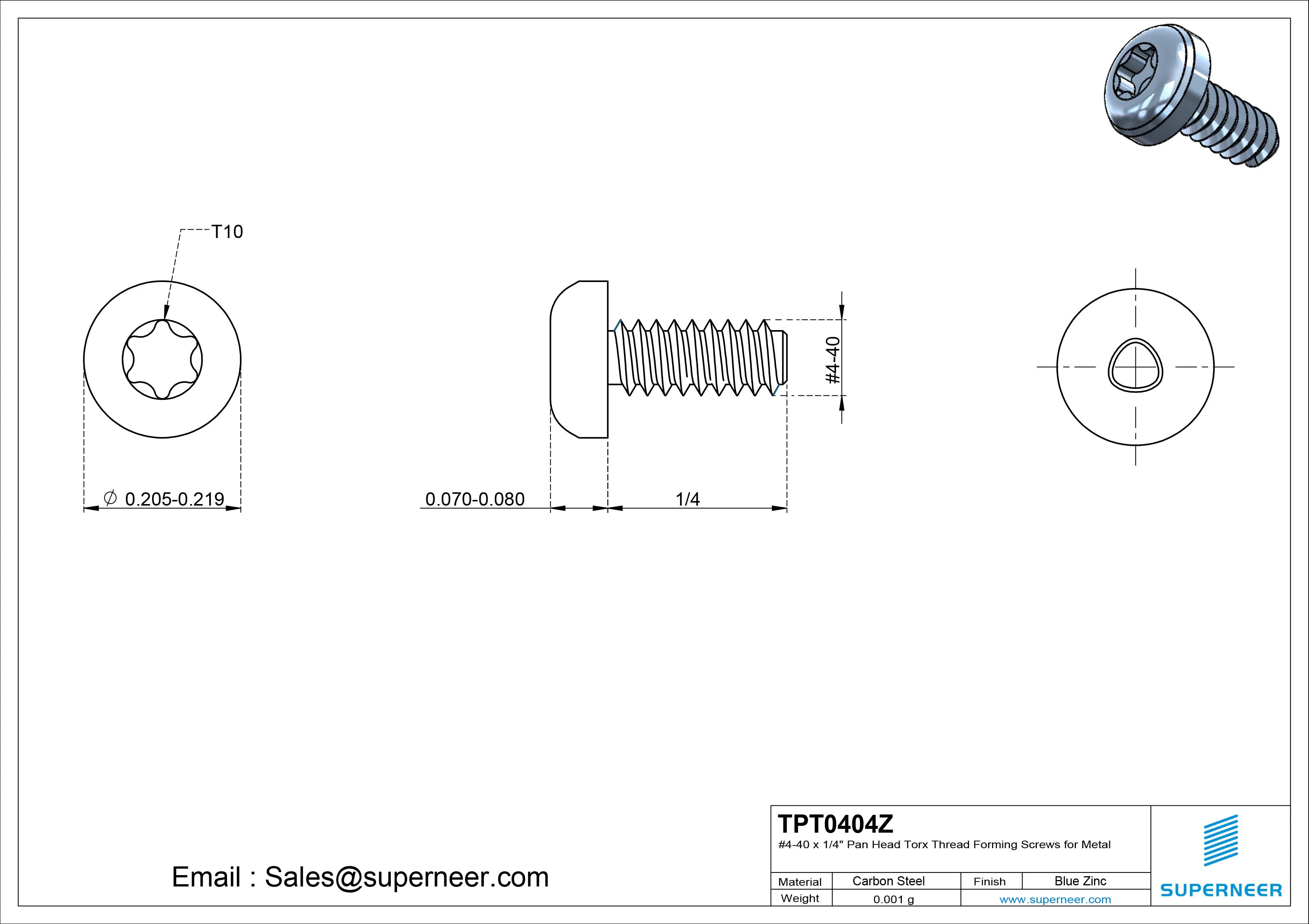 4-40 × 1/4 Pan Head Torx Thread Forming  Screws for Metal  Steel Blue Zinc Plated