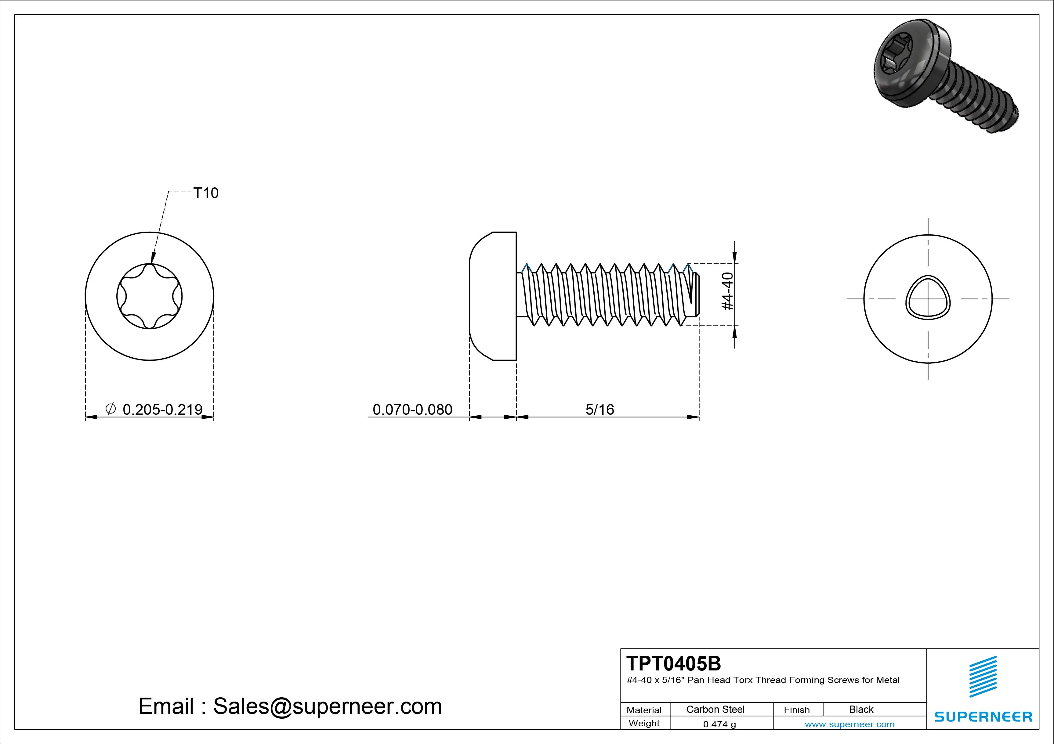 4-40 × 5/16 Pan Head Torx Thread Forming  Screws for Metal  Steel Black